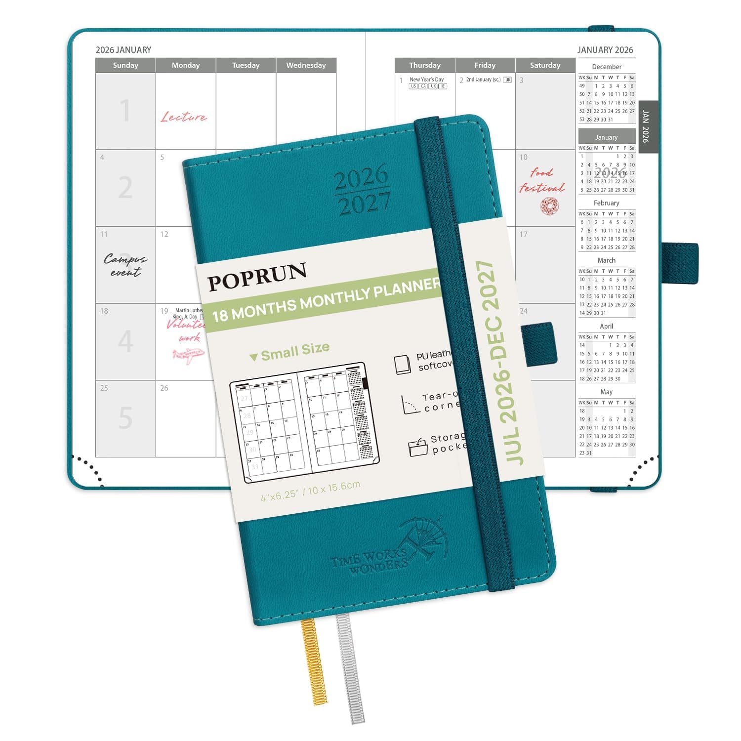 POPRUN Month to View Diary 2026-2027 A6 (16x10.5cm) Pocket (18-Month: Jul'26 - Dec'27) Monthly Planner Soft Cover Small 26/27 Diary, Sunday Start(Pacific Green) — image 1