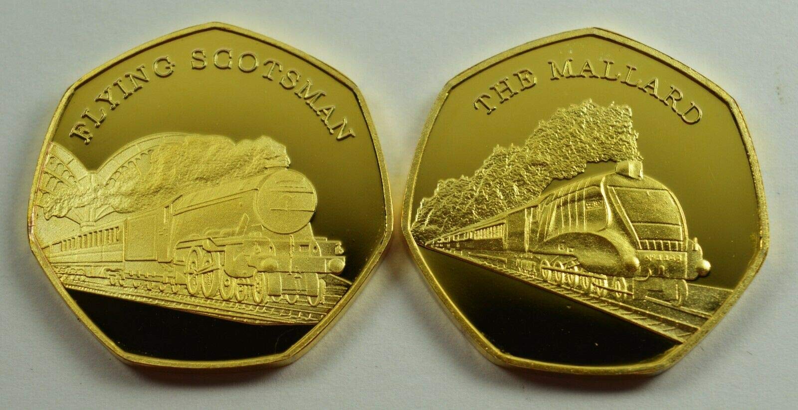 The Commemorative Coin Company Pair of STEAM RAILWAY 24ct Gold Commemoratives. The Flying Scotmsman and The Mallard Engines/Locomotives/Trains