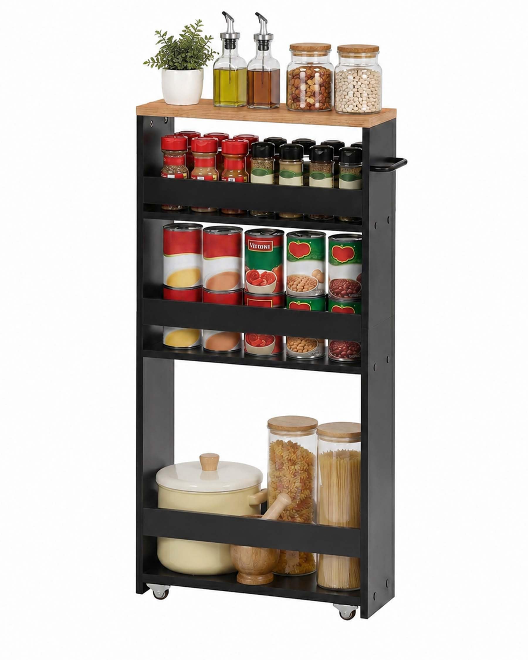 Carrito de Almacenamiento Estrecho Negro Roble 4 Niveles 40×14×80cm | Los bordes laterales mantienen los objetos seguros mientras cuatro ruedas facilitan el movimiento y el montaje es sencillo