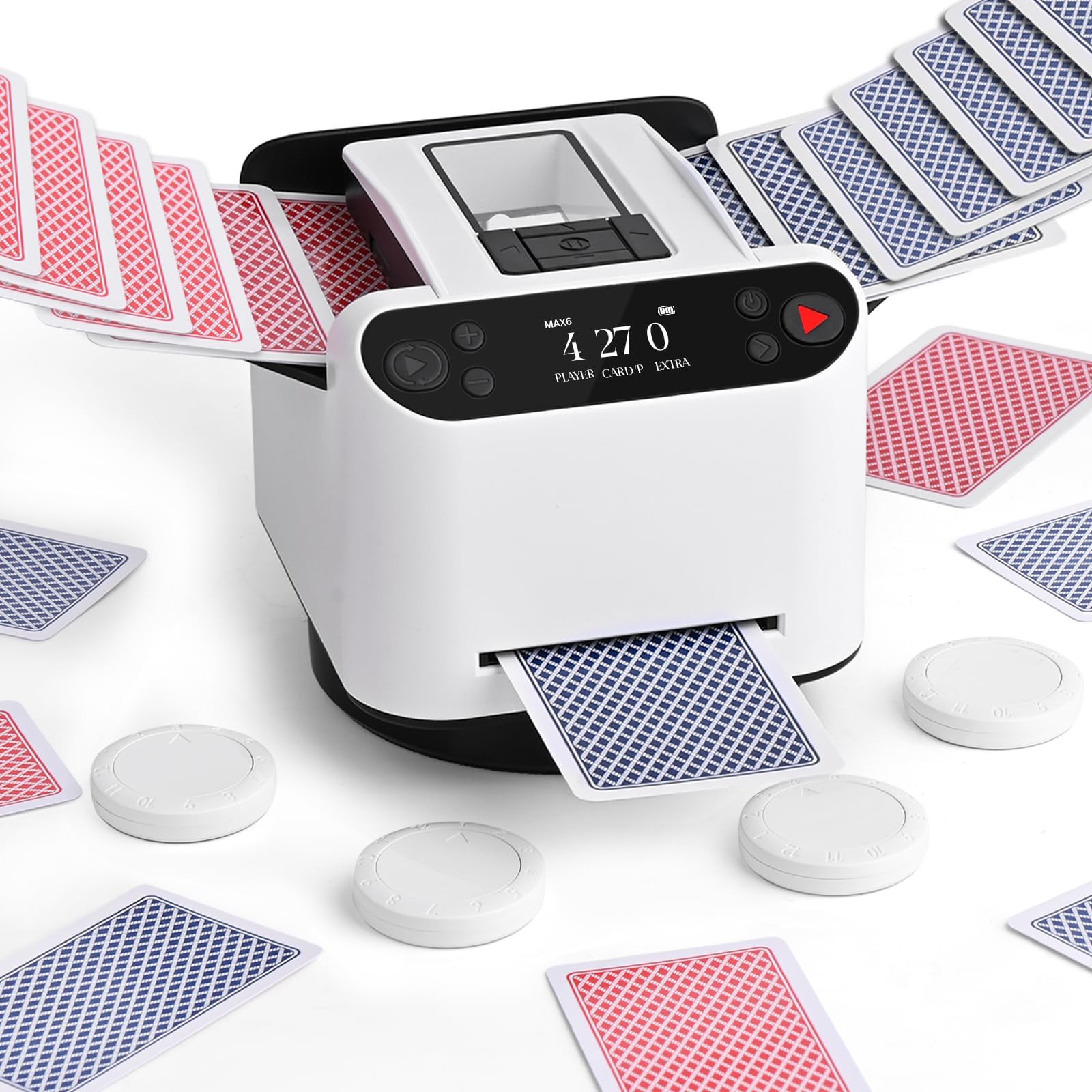 Automatic Card Shuffler and Dealer Machine – 360° Rotating for 1-2 Decks, 2-12 Players with 4 Remotes | Built-in Game Modes, Rechargeable & Quiet for