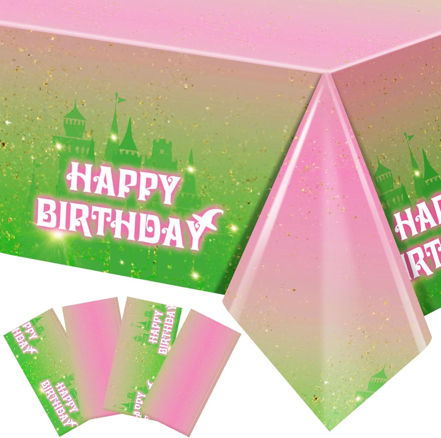 Oudain 4 Pcs Witch Party Tablecloths 54 x 108 Inch Pink and Green Happy Birthday Plastic Waterproof Castle Tablecover for Girls Birthday and Baby Shower Party Decorations