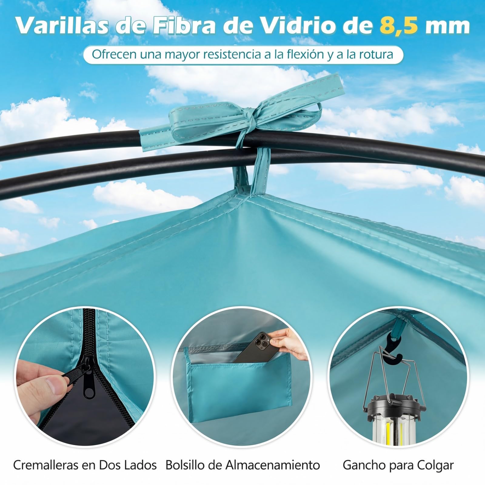 COSTWAY Tienda de Playa Plegable, 3-4/5-6 Personas, Carpa Camping con Toldo,Protección Solar UPF50+, Revestimiento Plateado, Bolsa de Transporte, Ventanas, Tienda de Campaña (260 x 150 x 160 cm,Azul)