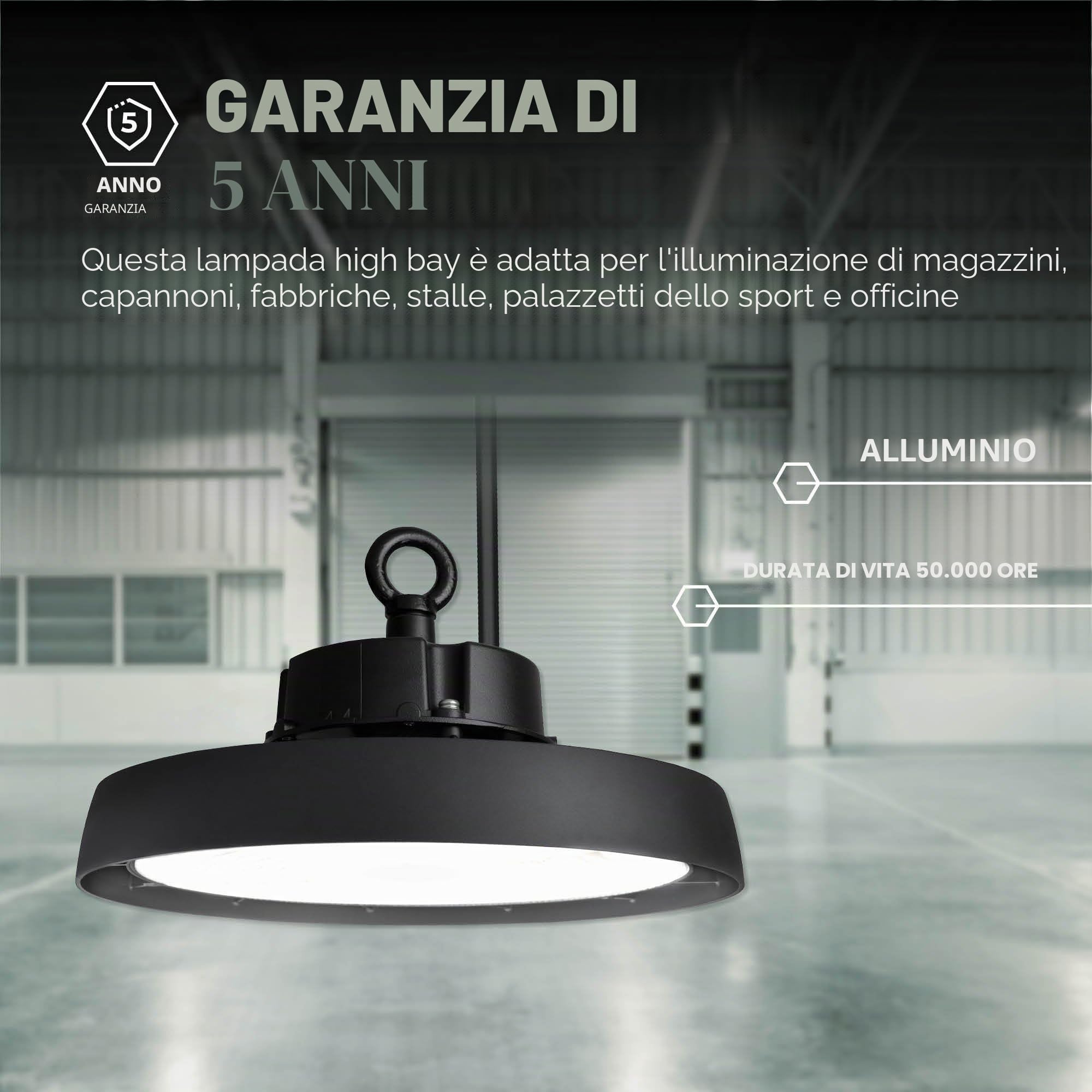 Ledvion - Campana led ufo, IP65, 150W, 192 lm/W, 4000K, Dimmerabile, lampada led industriale capannone, illuminazione magazzino officina, luce soffitto garage, illuminazione industriale led