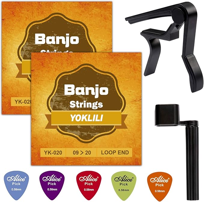 Banjo Strings, Yoklili 2 Sets of 5String Plated Steel Banjo Strings Set, Light, 0920, Bonus 5
