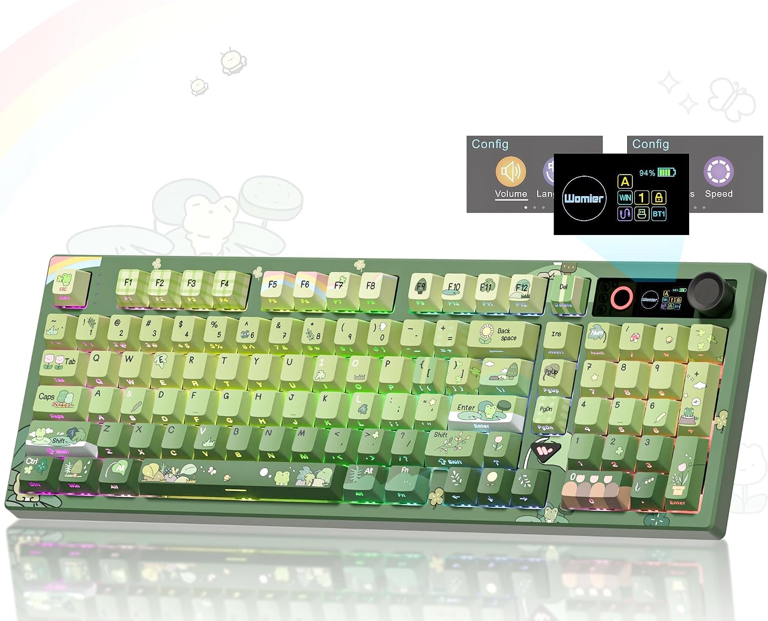 Womier L98 Frog Wireless Mechanical Creamy Keyboard with TFT Screen & Knob | 98% Cute Custom Gaming Keyboard with Number Pad 8000mAh Battery, RGB Backlit Hot Swappable Linear Switches, PBT Keycaps-Green