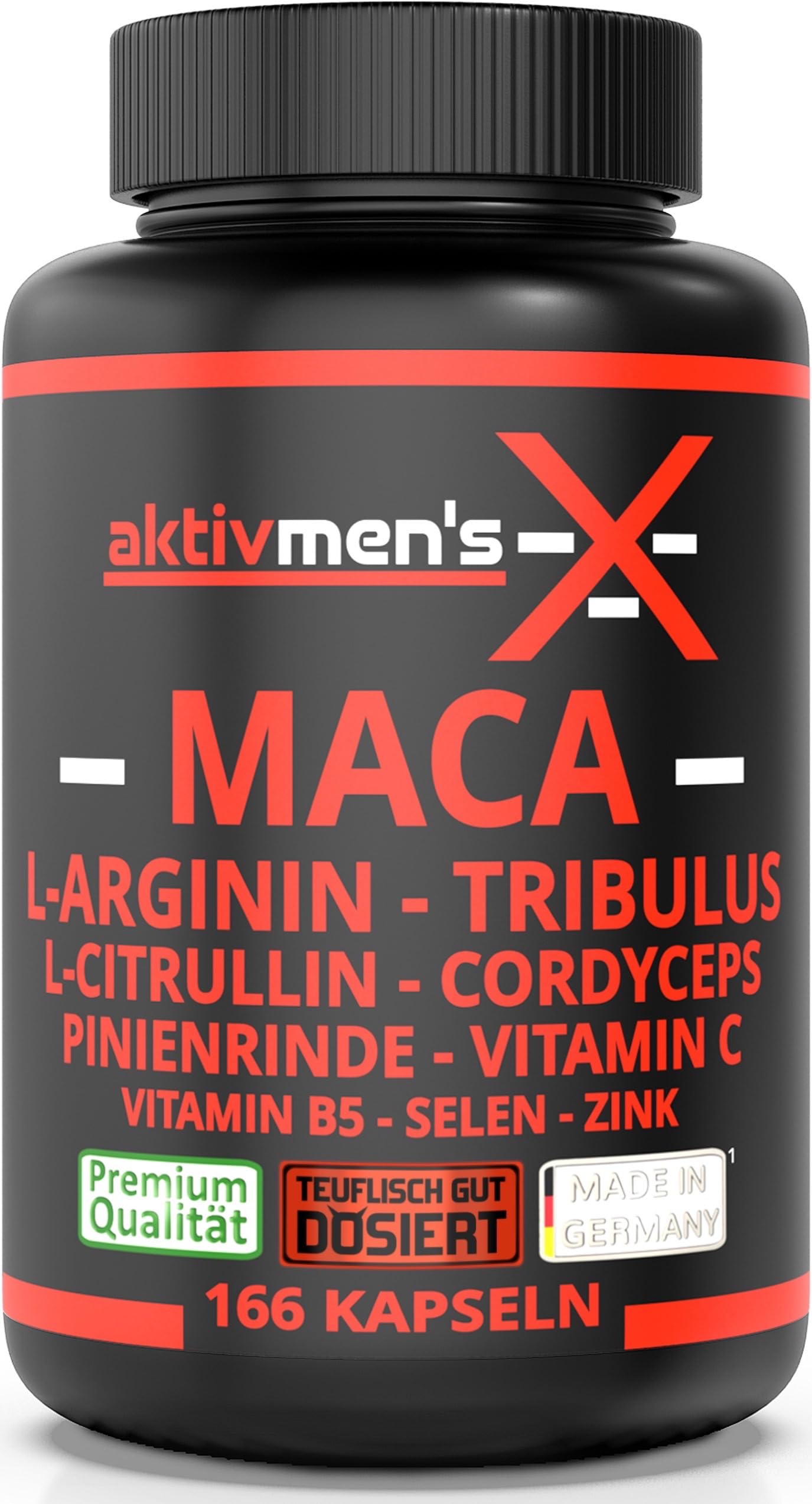 aktivmen's X MACA SCHWARZ - teuflisch gut dosiert - 166 Kapseln + L-Arginin, L-Citrullin, Cordyceps, Tribulus, Pinienrinden Extrakt, Selen, Vitamin C + B5, Zink, 1 Dose (1x134.9g)