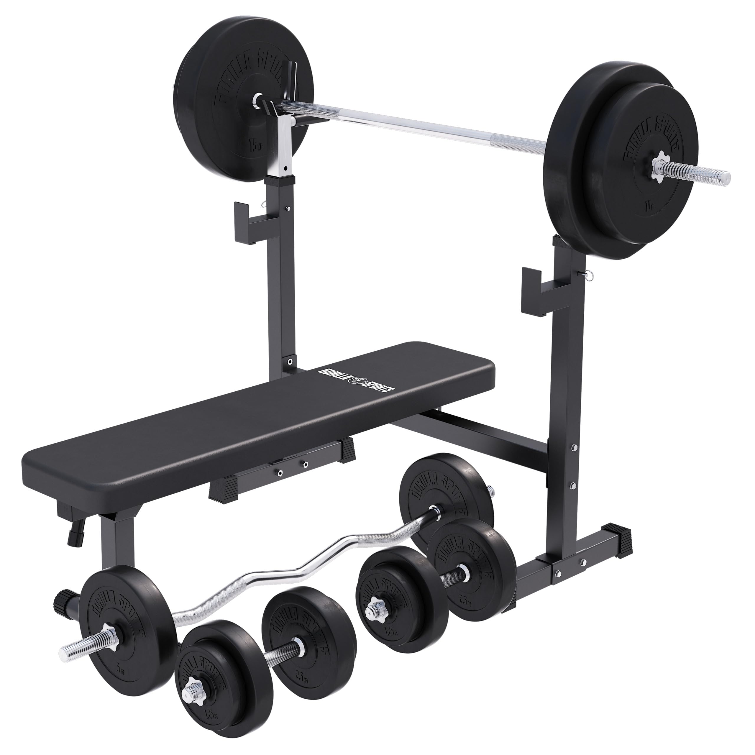 GORILLA SPORTS® Banc MusORTS® Banc Musculation avec Support - 40/​70/​100kg, Plat, Haltères 120/​170cm, Barres 35cm, Pliable, Réglable - Appareil Fitness, Machine Sport, Entraînement, Home Gym (100 kg)