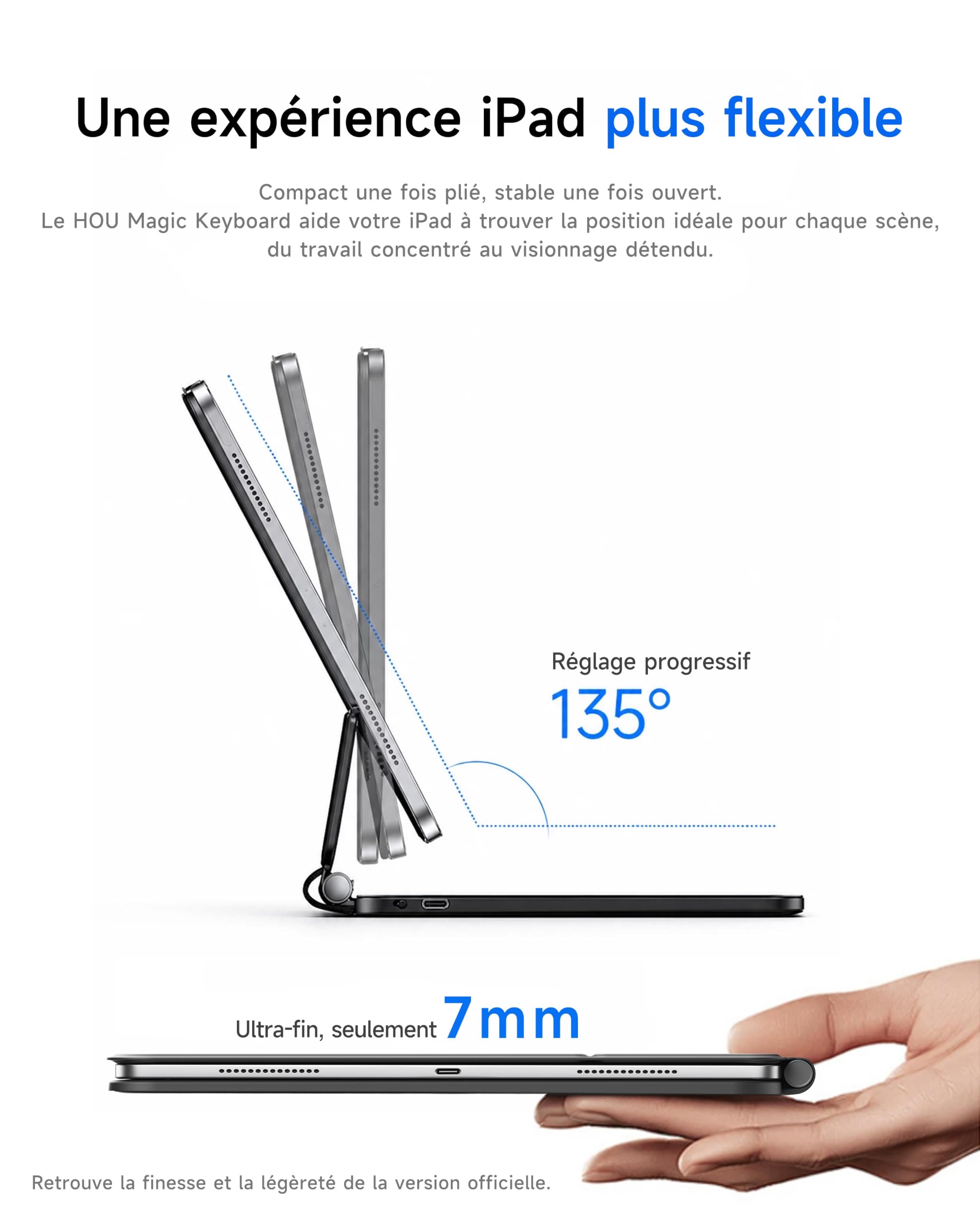 HOU Clavier pour iPad Air 13" M4 2026/M3 2025/M2 2024 & iPad Pro 12,9" (6e, 5e, 4e, 3e génération - 2022, 2021, 2020, 2018) avec pavé Tactile Trackpad Magic Clavier AZERTY,Noir