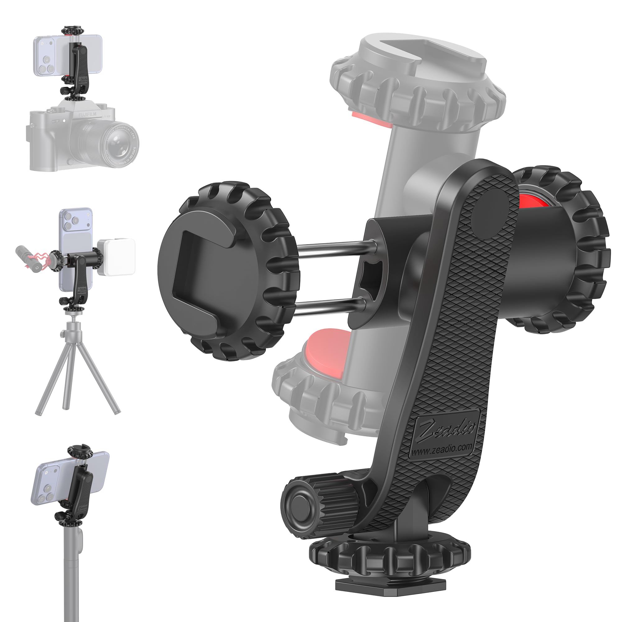 zeadio Camera Cold Shoe Smartphone Mount Holder Adapter, Cell Phone Tripod Holder Selfie Stick Monopod Adjustable Clamp, for Canon Nikon DSLR iPhone Samsung Photography