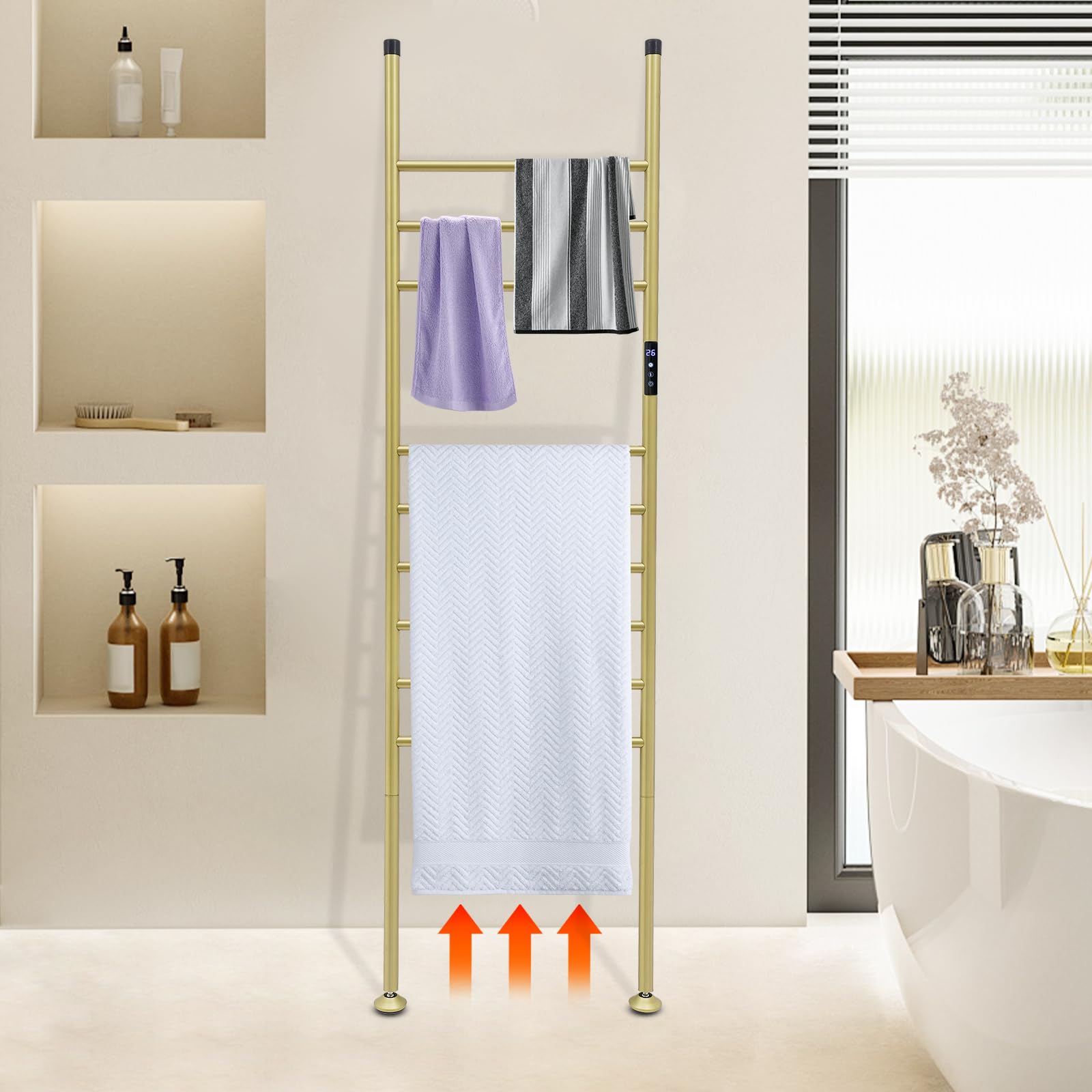 Toallero eléctrico, escalera independiente con temporizador 1-24H, 45-70 °C, 180 W, calentador de toallas de pie, 9 travesaños (dorado)
