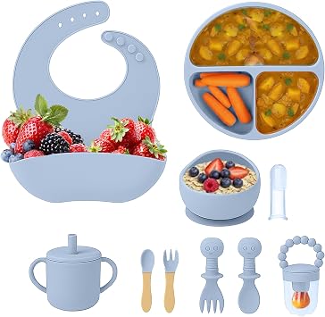 Baby Weaning Set, BPA-Free Silicone Suction Plate, Bowl, Bib, Straw Sippy Cup, 2 Spoons, 2 Forks, Fruit Feeder with Extra Nipple, Toddler Feeding Set Blue