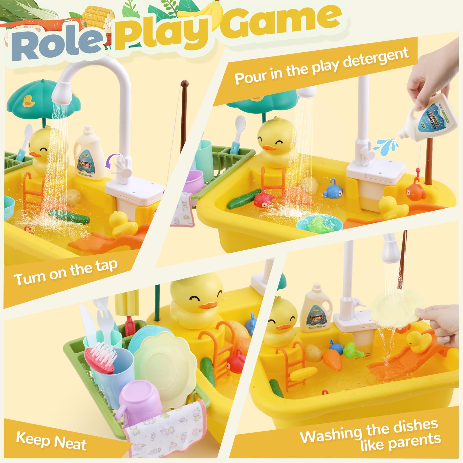 FRUSE Cocina de Juguete, Juguetes para Fregadero de Cocina con Lavaplatos,Grifo Eléctrico,Utensilios Cocina Juguete,Juguetes de Pesca Flotantes,Juegos de Rol para Niños y Niñas de 3 4 5 Años(Amarillo)