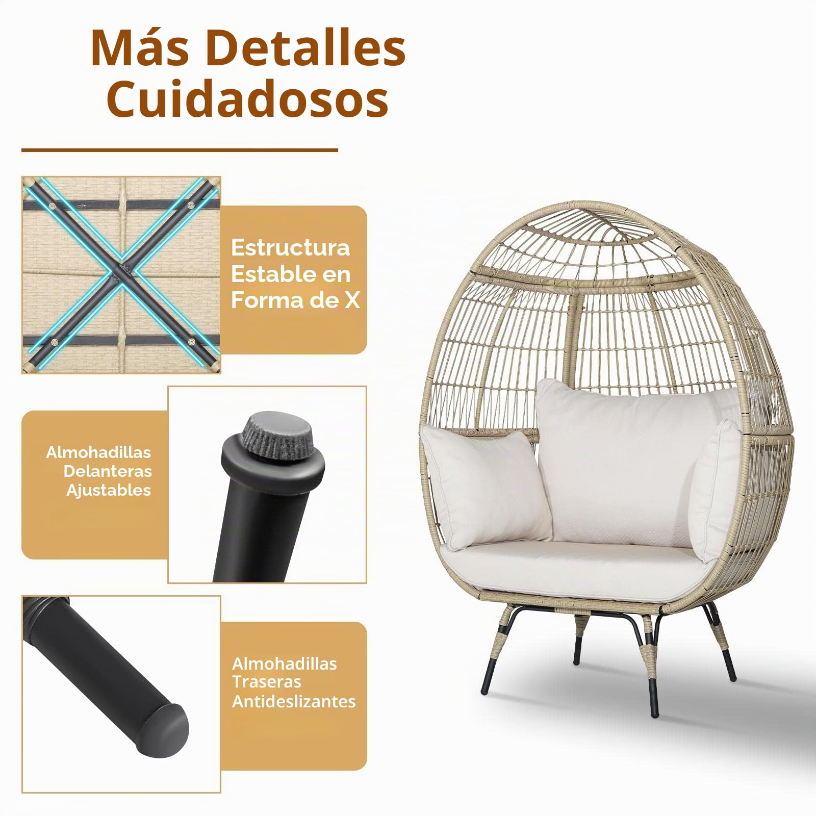 KOMFOTTEU Silla de Huevo de Ratán Sintético, Sillón de Jardín Exterior con Cojín Acolchado, Silla de Terreza con Marco de Metal, para Balcón, Salón, Carga 205 kg, 110 x 82 x 145 cm
