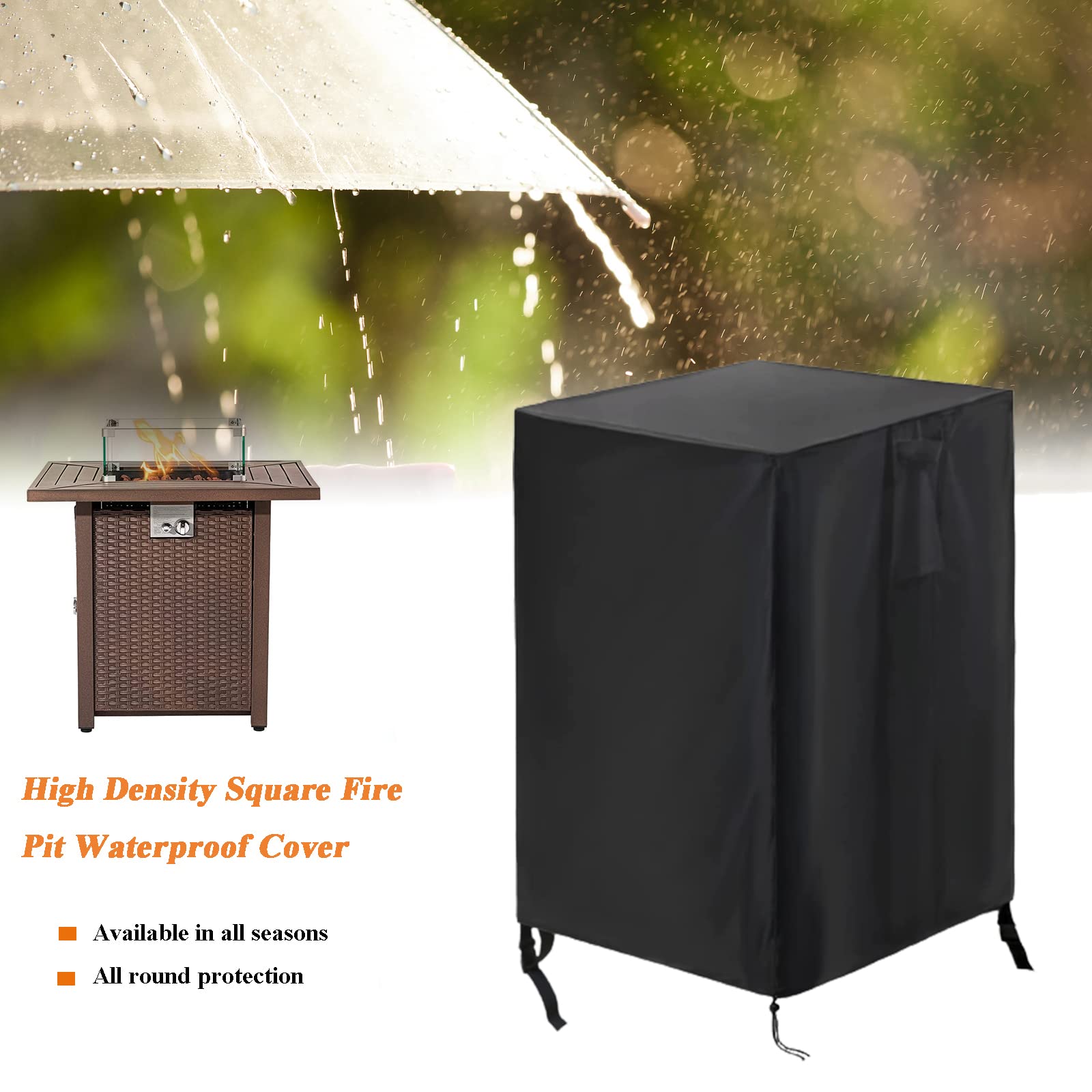 Fire Pit Cover - Onlyme Fire Table Cover Square, 420D Oxford Outdoor Propane Firepit Covers Waterproof with drawstring for Gas Firepit Column and Fire Bowl - 55x55x89cm — view 8