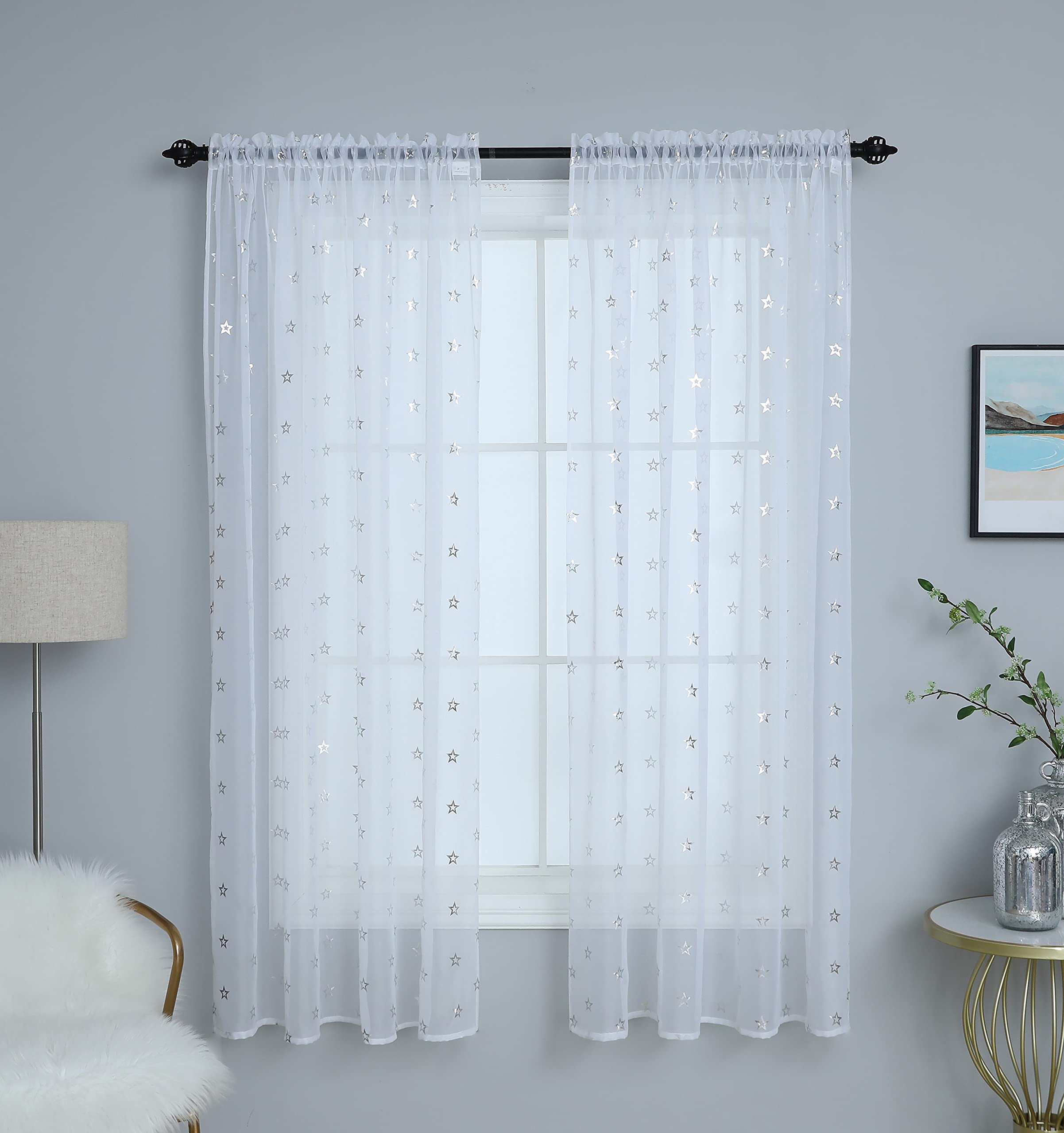 Star Voile Panel Metallic Silver Slot Top Pure Sheer White Voile Curtain Panel 60" (152cm) Drop