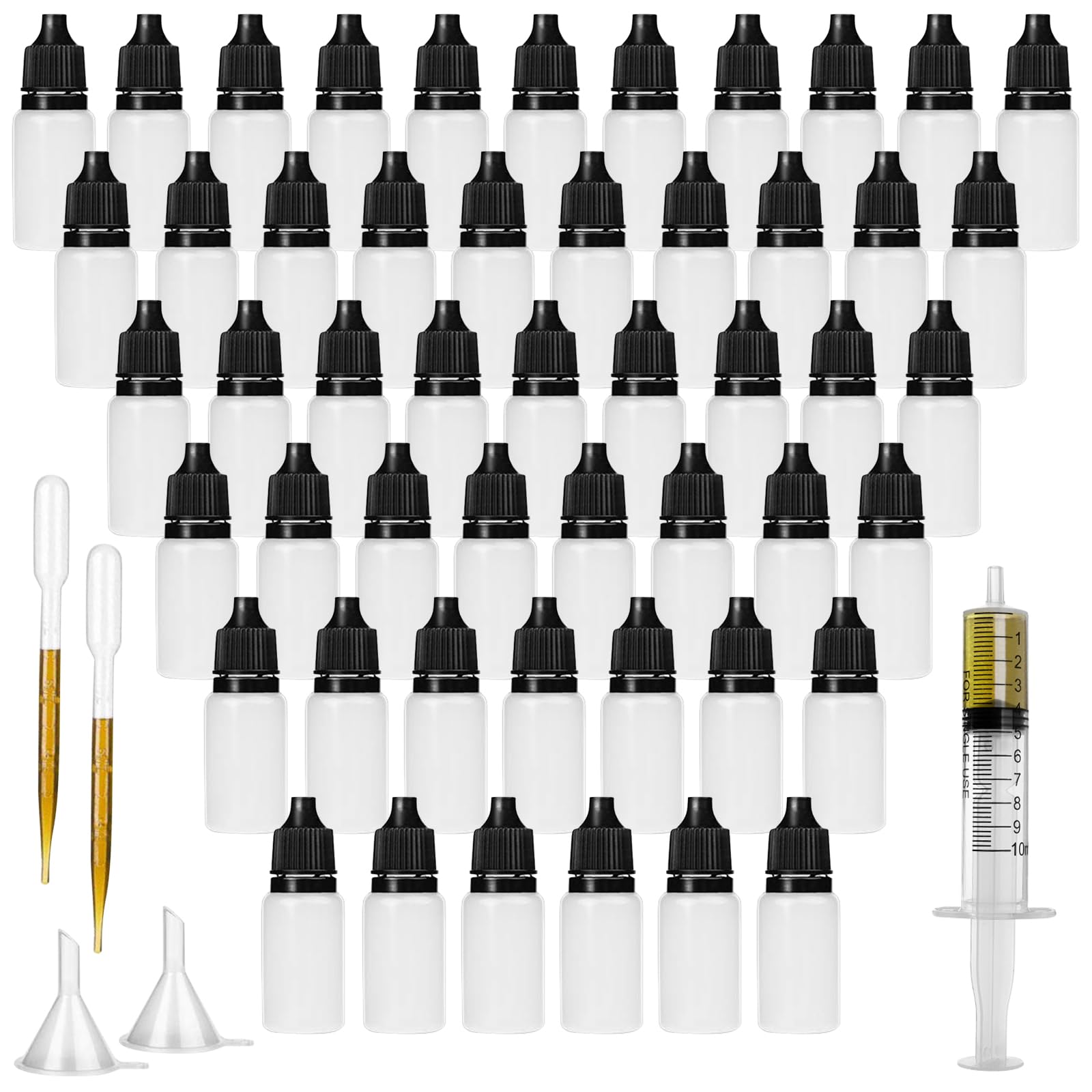 DONQL Plastic Dropper Bottles - 10ml Empty Squeezable Eye & Paint Dropper Bottles with 10ml Syringe, 2 Funnels, 2 Pipette & 2 Label (50)