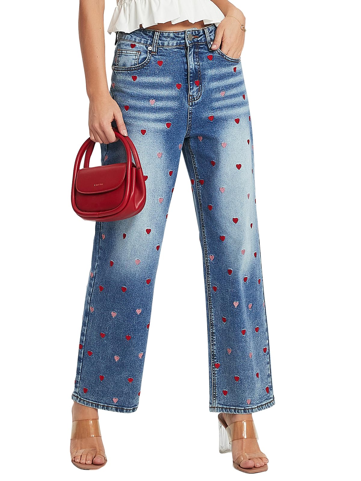 Women's Embroidered Jeans 2026 Mid Rise Baggy Boyfriend Wide Leg Denim Pants Casual Heart Embellished Jeans