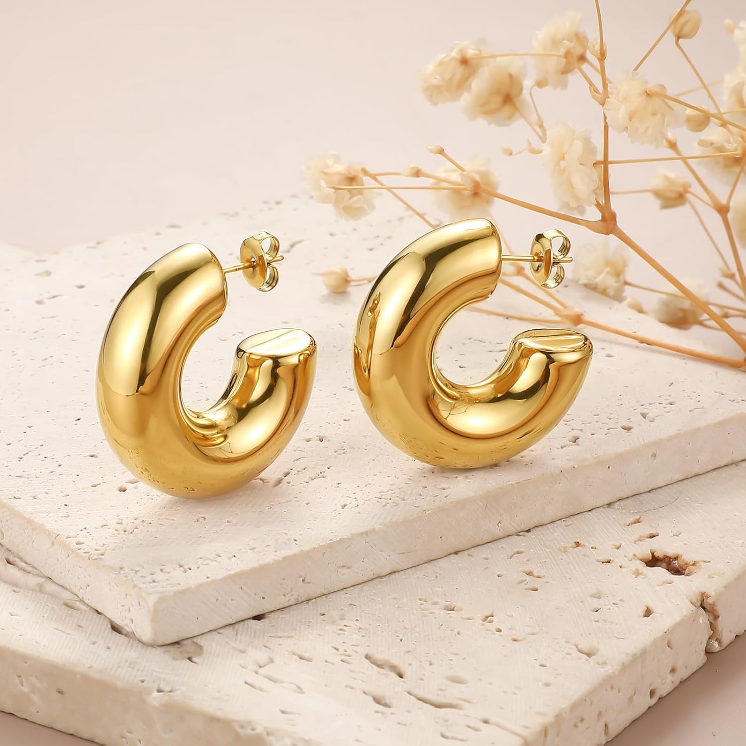 8YEARS Chunky Gold Hoop Earring for Women, 18K Gold Plated Lightweight Thick Hoops, Hypoallergenic Trendy Jewelry for Gift - Image 3