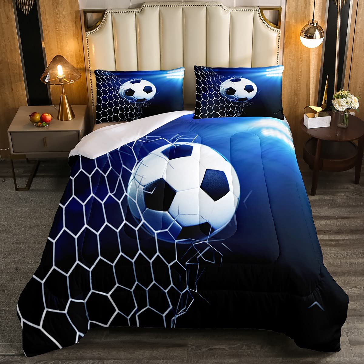 Edredón 3D de Fútbol Con Relleno y Pelota para Niños y Niñas - Juego de Ropa de Cama Deportiva, Azul Brillante, 2 Piezas, Tamaño Individual