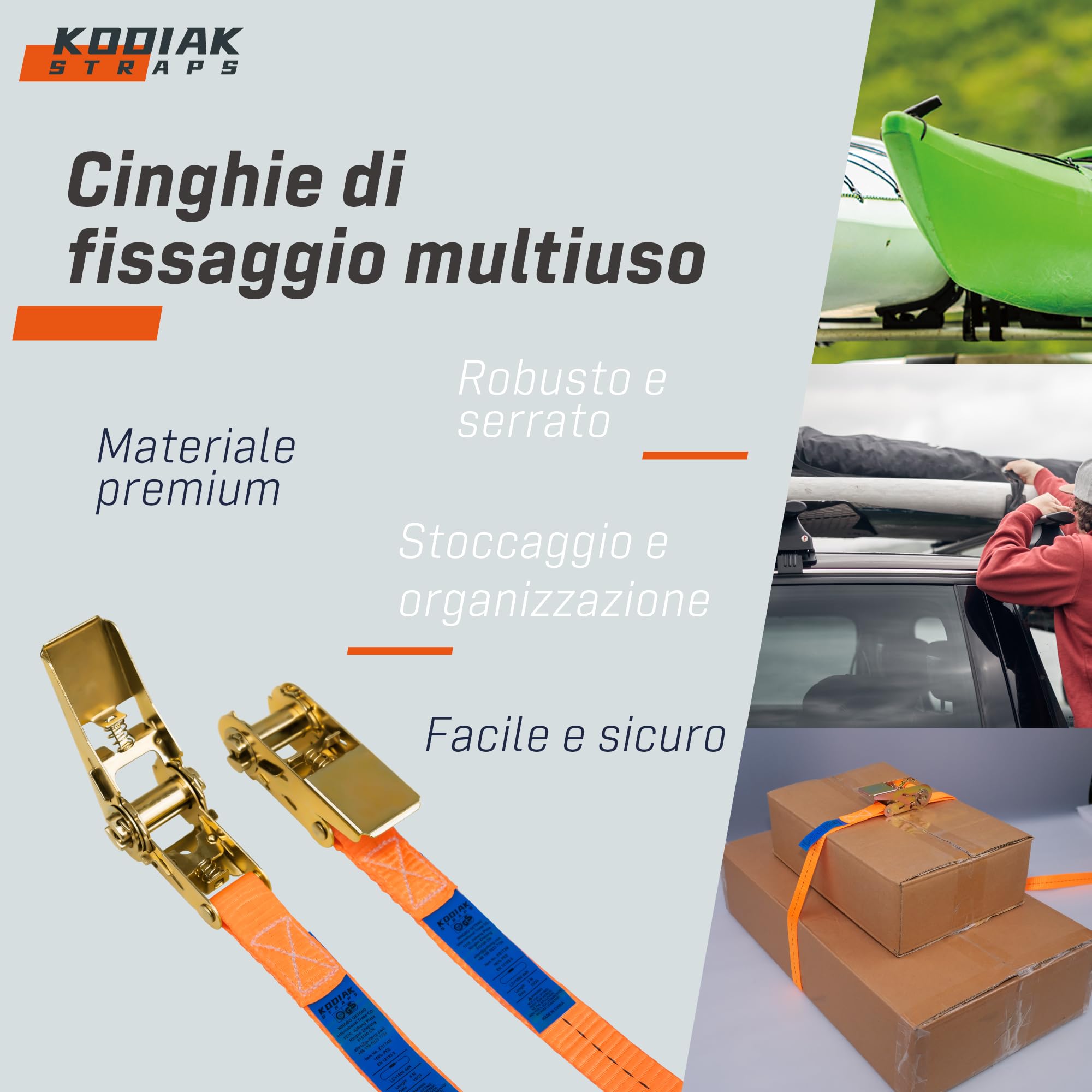 10 Cinghie di Tensione 4m x 1000kg con Chiusura a Cricchetto - Cinghie a Cricchetto da 25mm - Arancione - per Bagagli e Trasporto - Certificato TÜV/GS e secondo la Norma DIN EN 12195-2 - KODIAK STRAPS