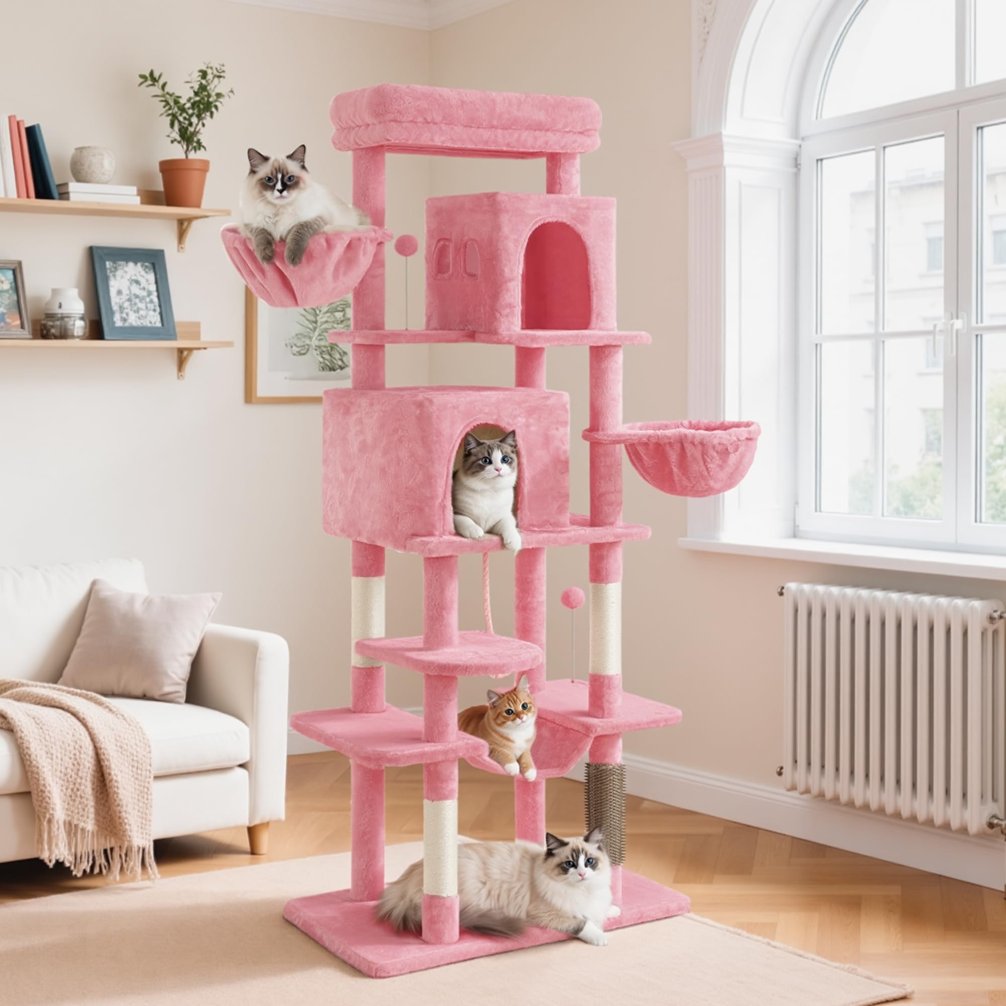 YITAHOME Rascador grande, altura 176 cm, árbol para gatos XL, rascador de varios niveles, rascador para gatos con 2 cuevas, 2 cestas, hamaca, bolas de peluche, cepillos para gatos, color rosa