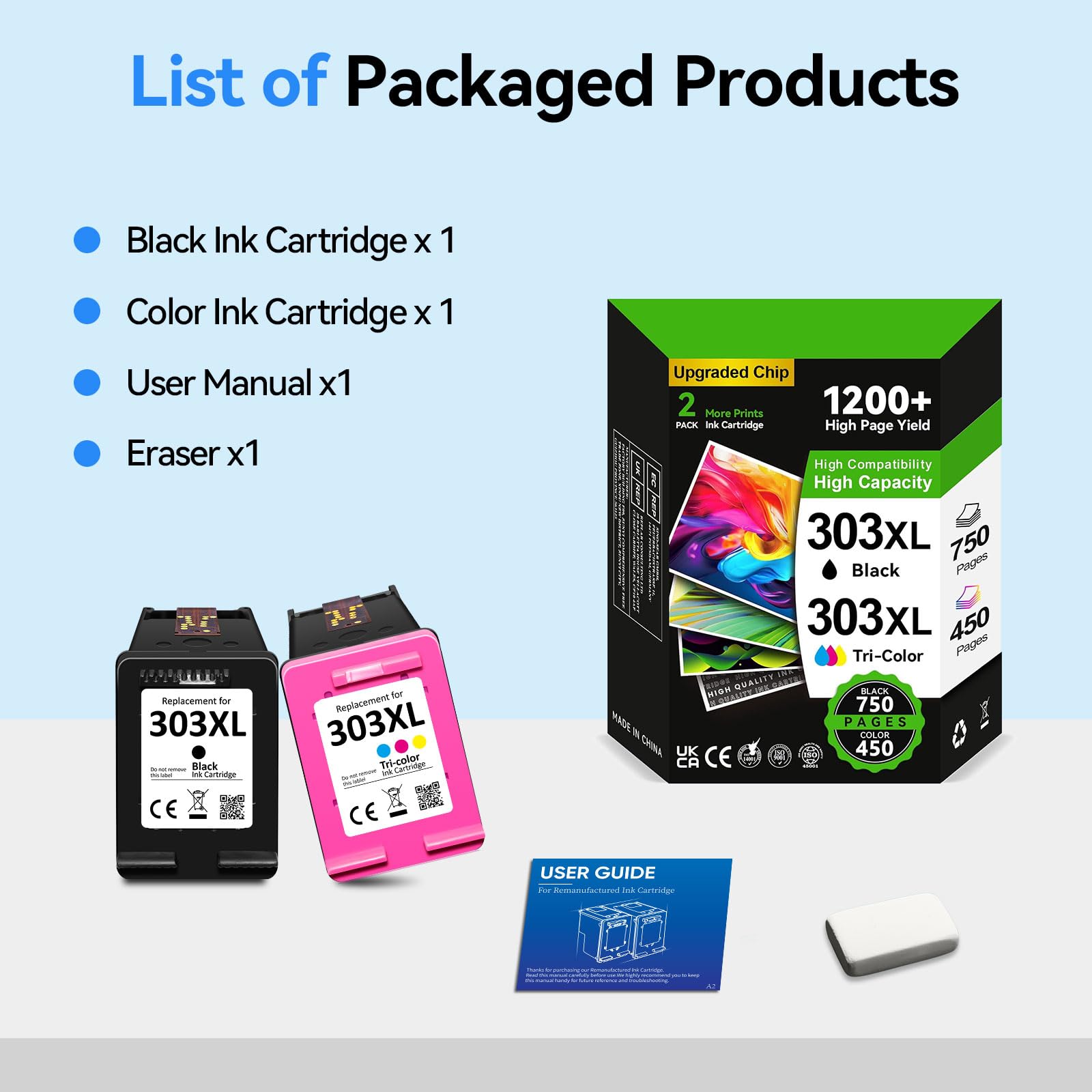 Sunnieink Cartuchos 303XL BK/CMY - 750/450+ Páginas, Reemplazo para Originale Tinta HP 303 Negro & Color, para HP Envy Inspire 7220e 7920e 7924e Envy Photo 6220 6230 6232 7120 7830 7930 Tango X