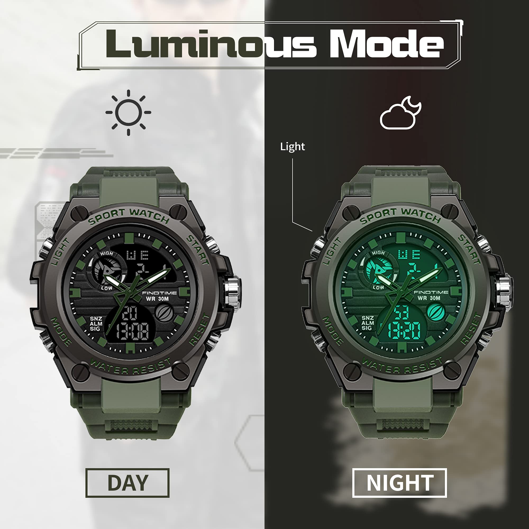findtime Reloj deportivo para hombre, militar, para exteriores, reloj de pulsera grande, digital, analógico, dos zonas horarias, calendario LED, hombres y niños, verde, Correa