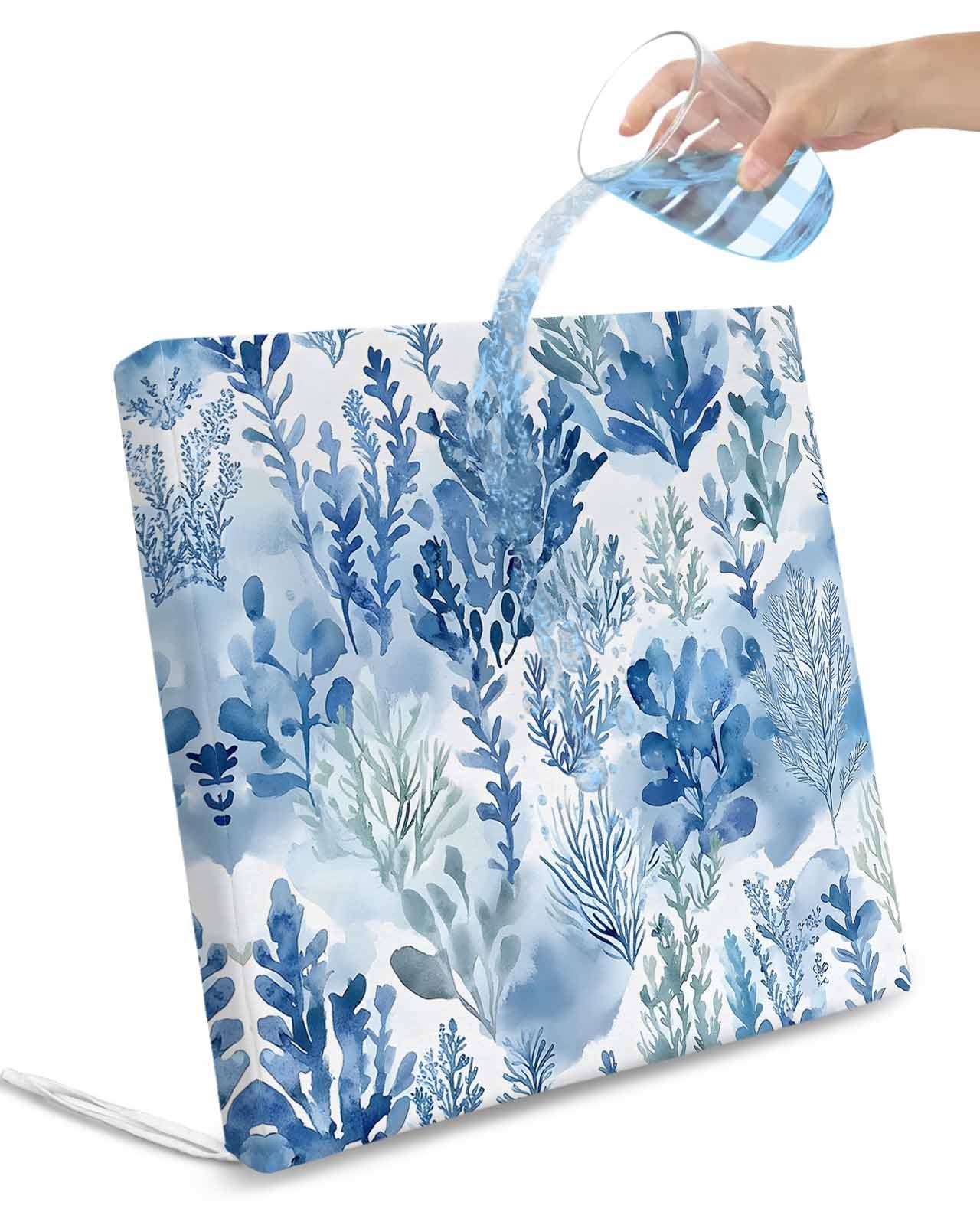 2 Pack Blue Botanical Waterproof Cushion Covers with Ties, Outdoor Patio Chaise Lounge Chair Seat Cushion Slip Covers Replacement(Only Cover) Watercolor Leaf Pastoral 22