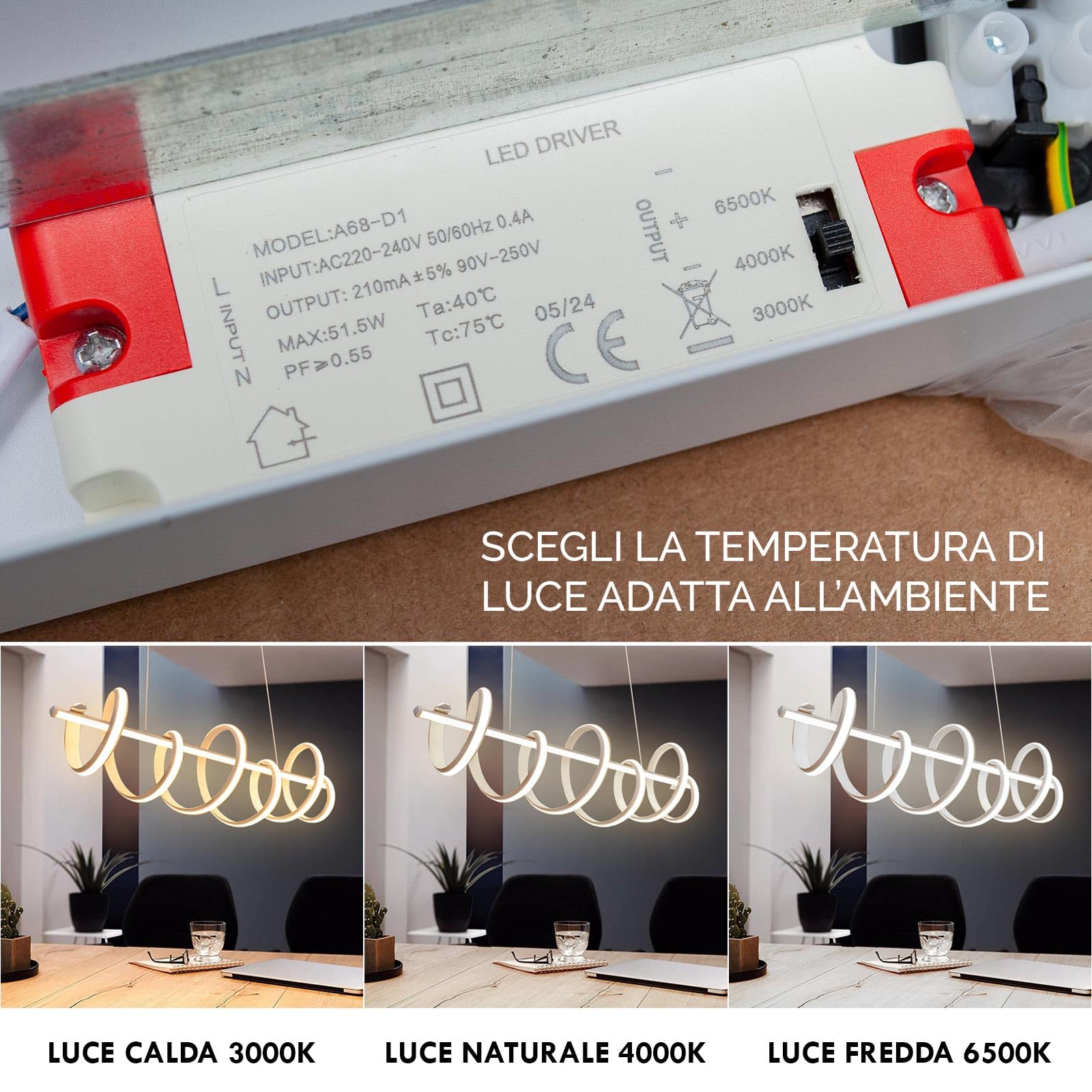Planetitaly Lampadario pendente stilizzato LED 60W CCT da 3000K a 6500K lampada a sospensione design moderno illuminazione cucina, soggiorno, salotto, ristorante, pizzeria, alimentazione 230V