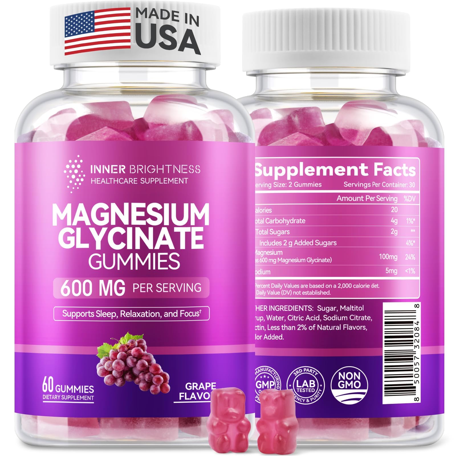 Magnesium Glycinate Plus Gummies 600mg, Sugar-Free, for Adults & Kids 4+ Grape (1 Pack)