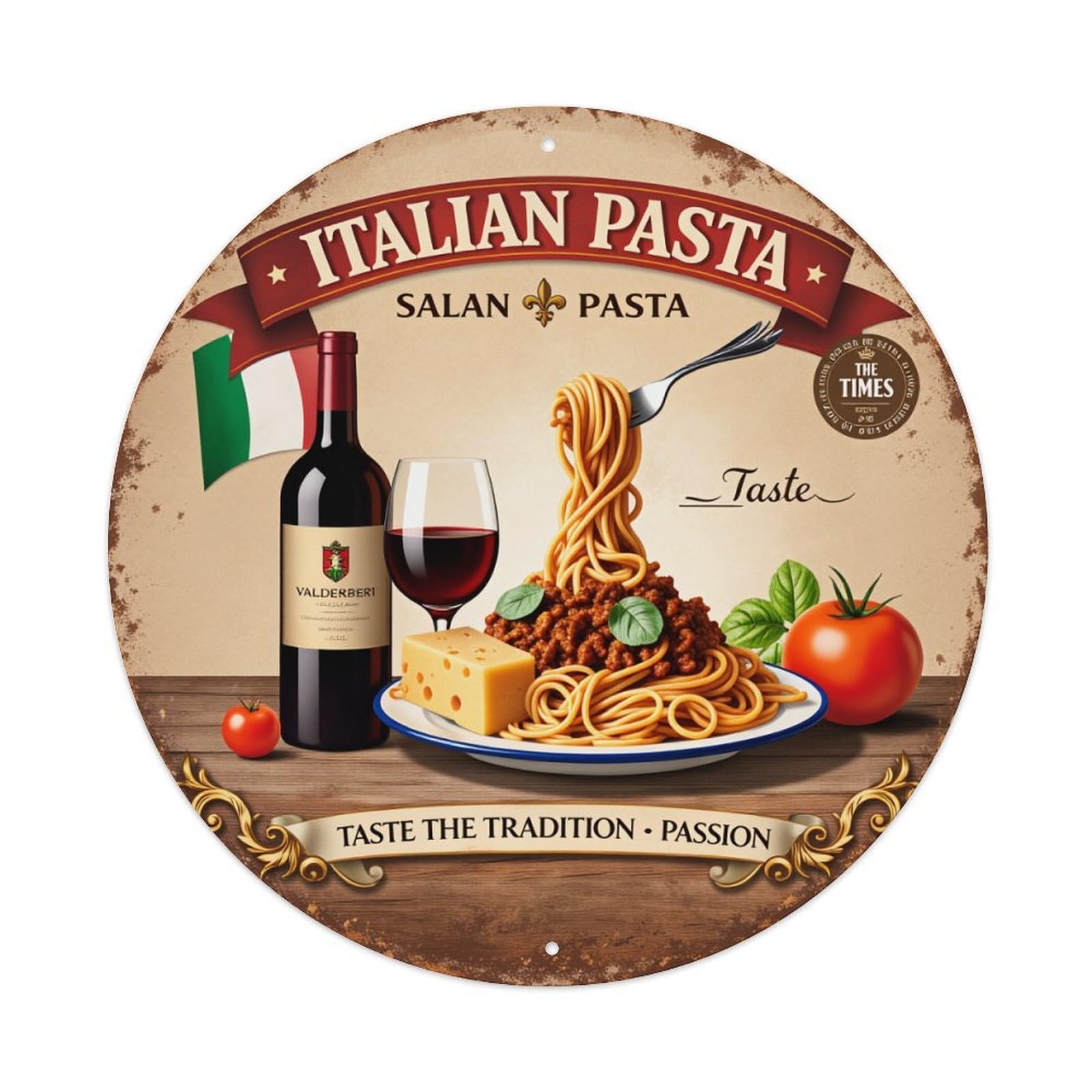 Italian Pasta Salan Pasta Round Tin Sign Vintage Metal Poster, Home Bar Garage Man Cave Cafe Indoor & Outdoor Wall Decoration 8x8Inches