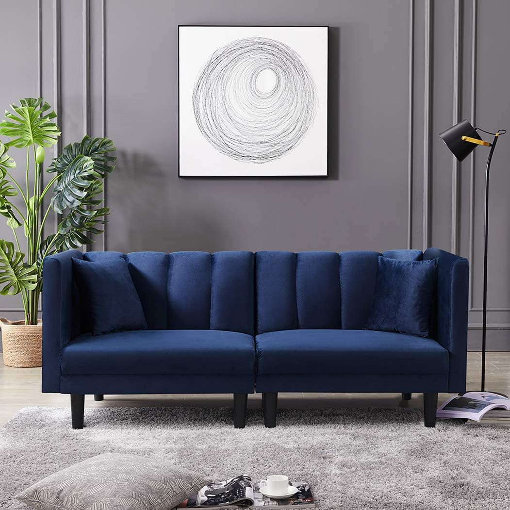 SLEERWAY Velvet Futon Sofa Bed with Two Pillows, Modern Sleeper Sofa Couch with 3 Adjustable Angles, Convertible Small Loveseat for Living Room, Navy Blue
