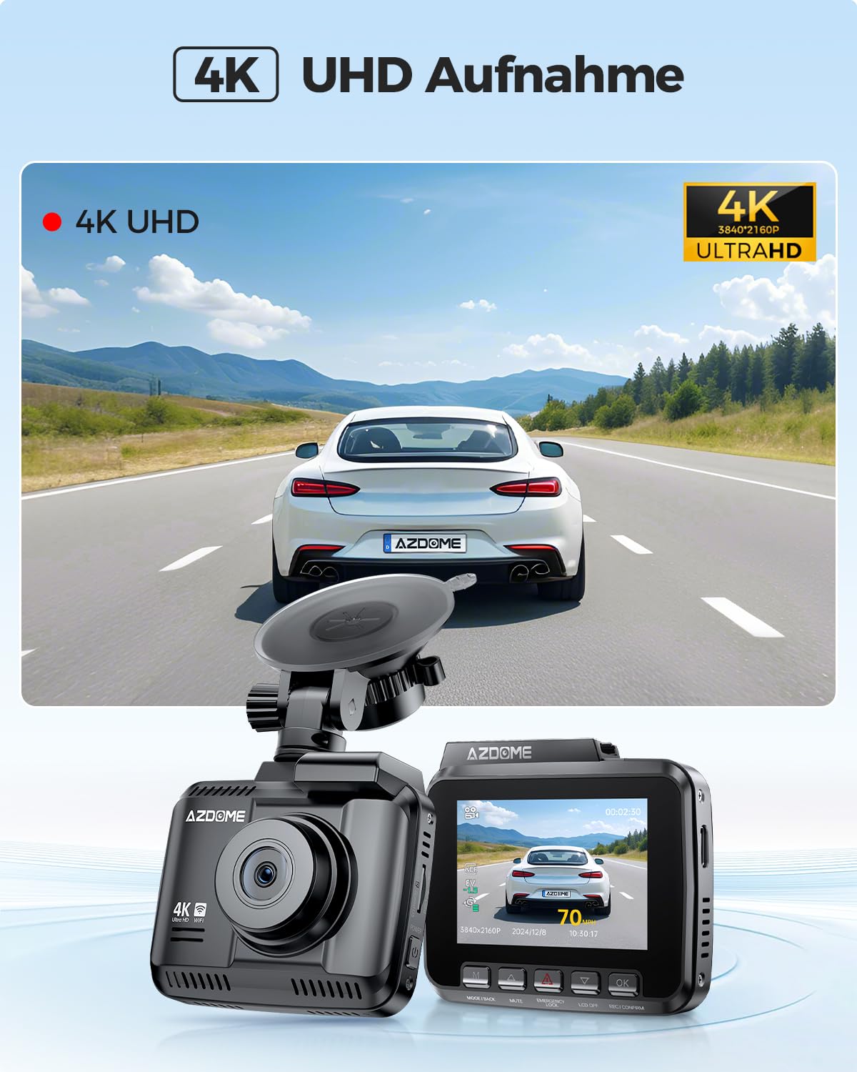 AZDOME Dashcam 4K Auto Kamera mit GPS WiFi Nachtsicht 170° Weitwinkel WDR 2,4" IPS Parküberwachung