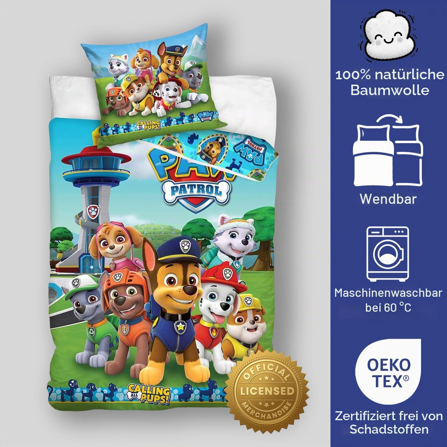 Paw Patrol Carbotex Bettwäsche Calling All Pups – Bettbezug 140 x 200 cm + Kissenbezug 65 x 65 cm | Wendebettwäsche Einzelbett | Naturbaumwolle atmungsaktiv | Nickelodeon | Kinder | Geschenk | Maschinenwaschbar