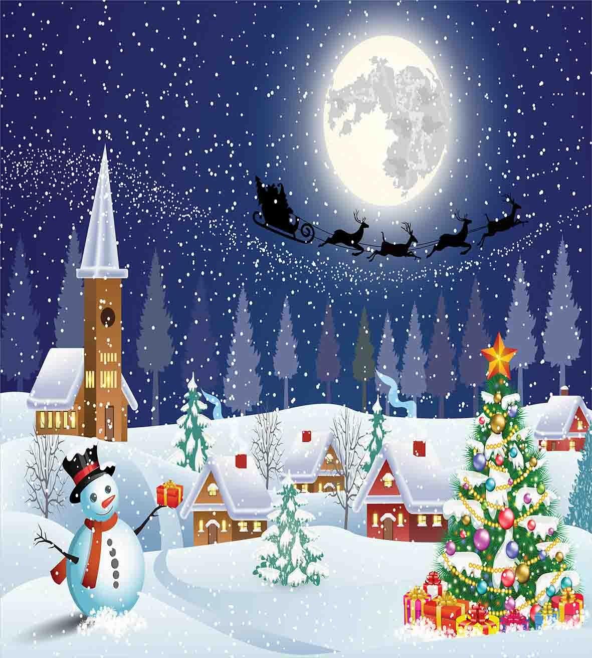 Ambesonne Christmas Duvet Cover Set, Winter Season Snowman Xmas Tree Santa Sleigh Moon Present Boxes Snow and Stars, Decorative 3 Piece Bedding Set with 2 Pillow Shams, King Size, White Blue King White Blue