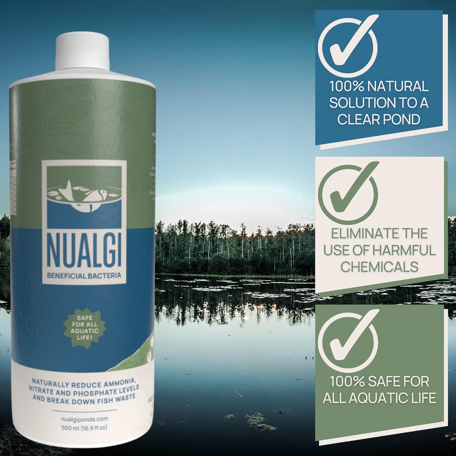 Nualgi Pond care 60ml + Beneficial Bacteria 16oz Bundle : Patio, Lawn & Garden