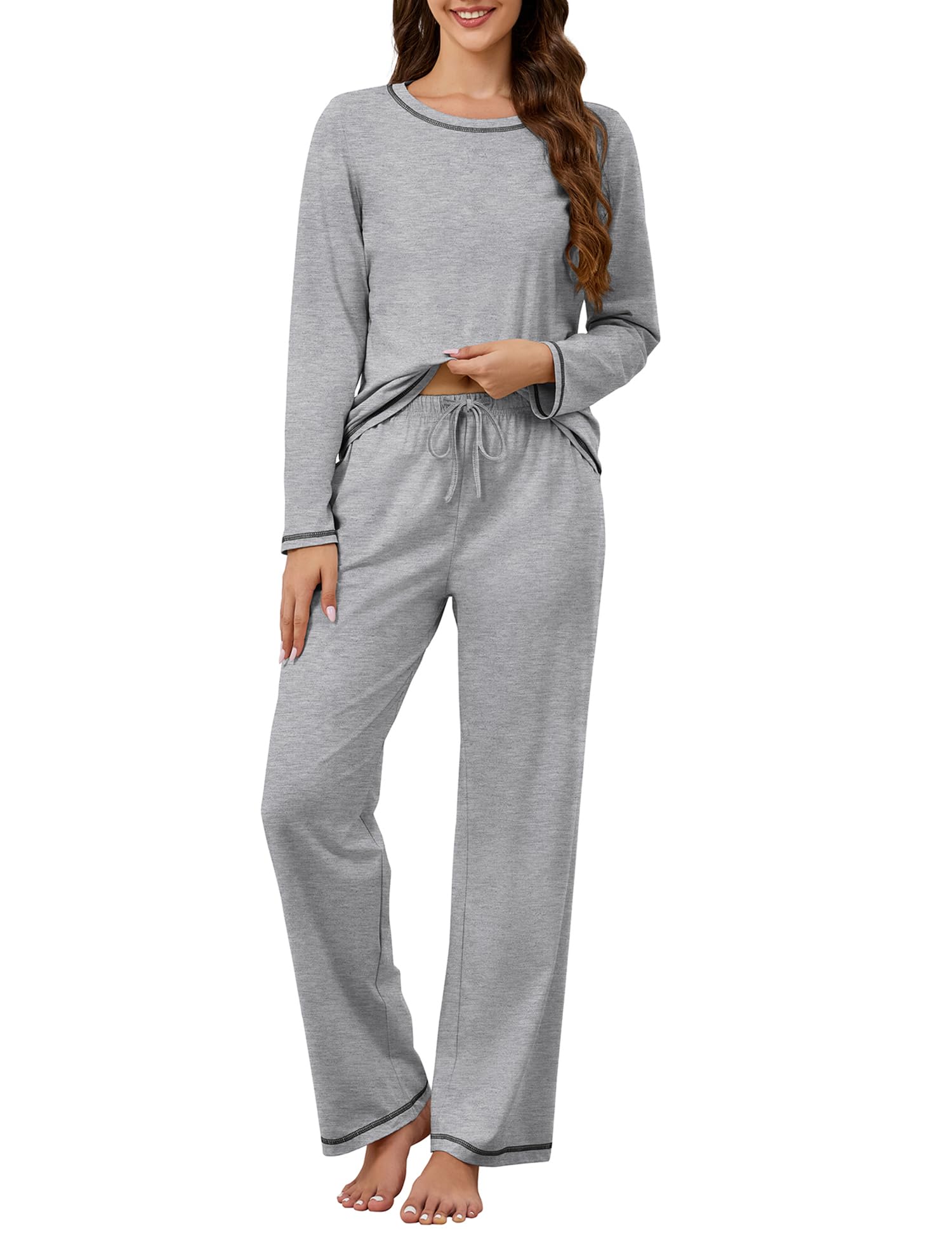 Photo 1 of [PARTIAL SET] KCW Womens 100% Cotton Pajama Set Soft Lounge Sets Lightweight Long Sleeve Crew Neek Sleepwear Pants Set Grey M
