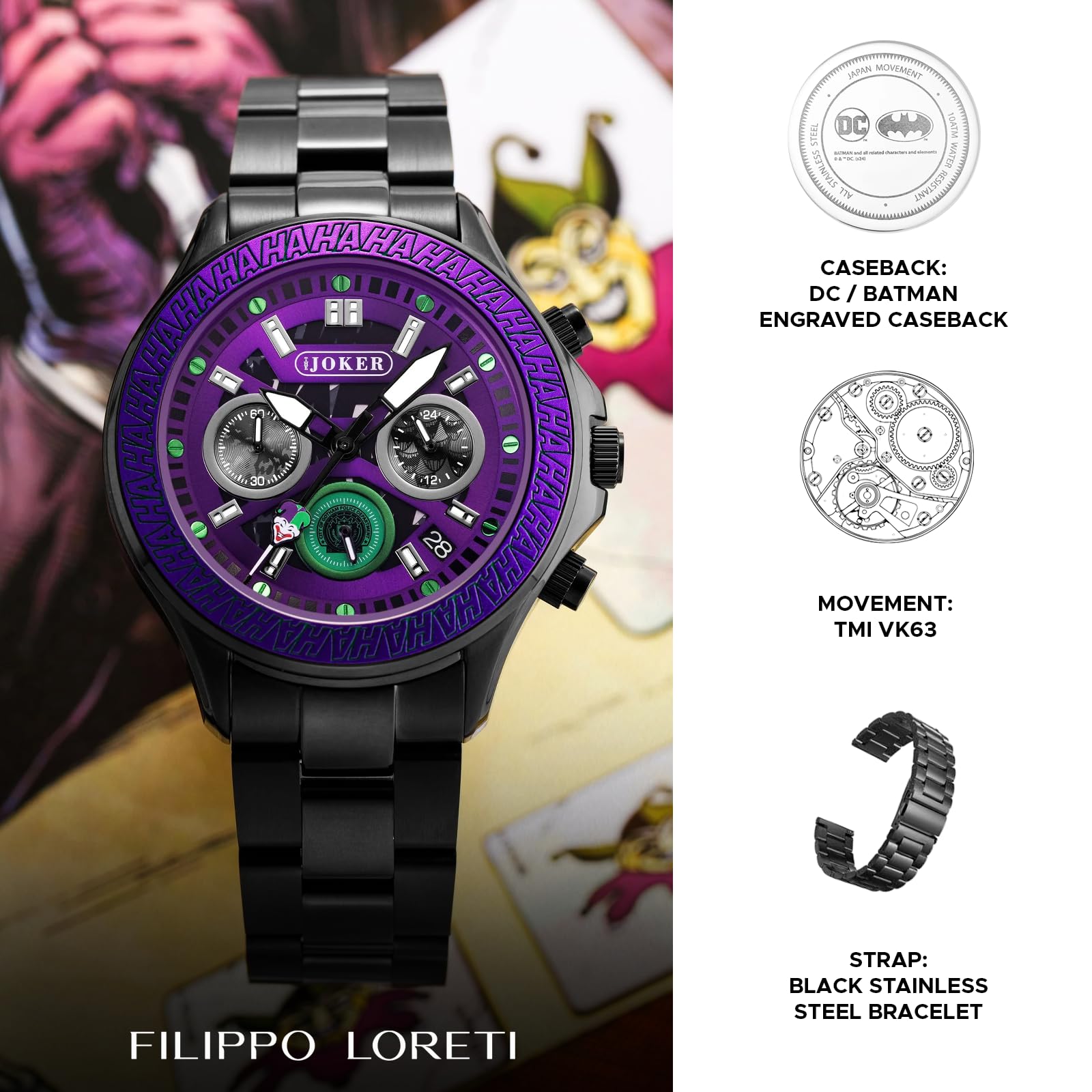 FILIPPO LORETI | The DC Collection - Watches for Men, Men’s Chronograph – 42mm Stainless Steel Case & Black SST Bracelet, 10 ATM WR, MechaQuartz, Limited Edition Gift - 5