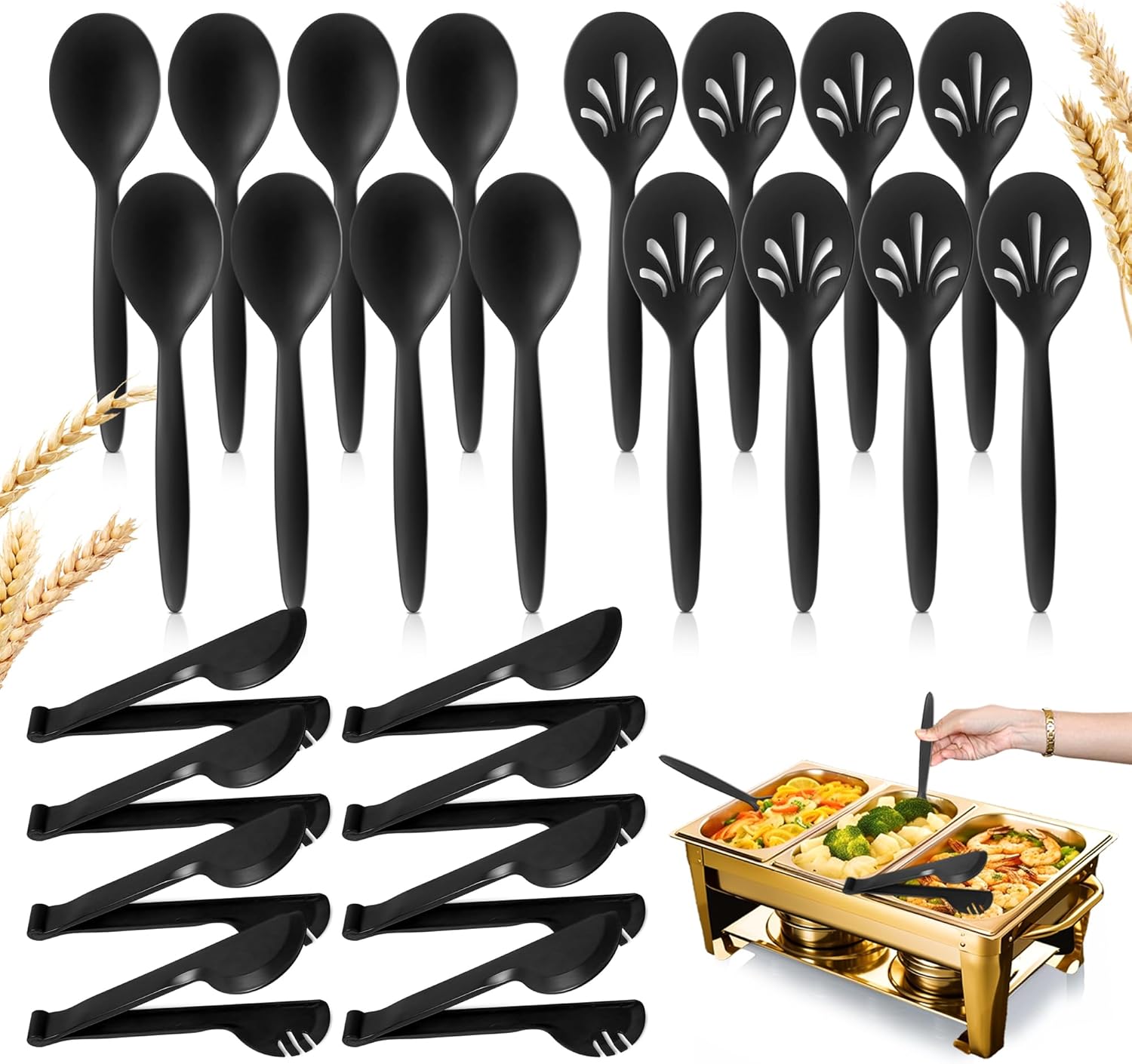 Reusable Plastic Serving Utensils Set of 24, Wheat straw Large Serving set 10″ Serving Spoons/10″ Slotted Spoons/9.4″ Tongs, for Party Chafing Dish Buffet Catering (Black, Not for Cooking)
