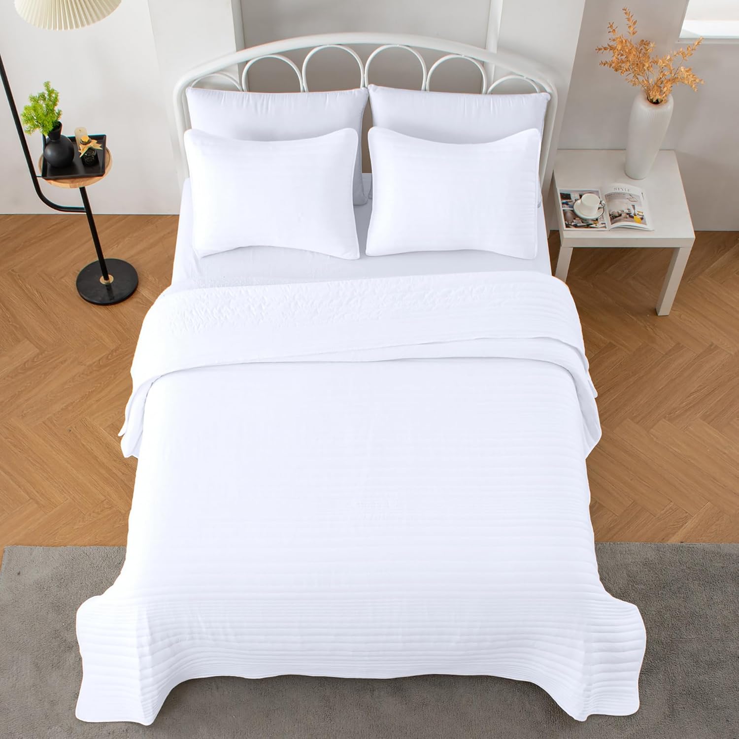 Market & Place Quilt Set Full Queen Size White | Lightweight Ultra Soft Microfiber Bedspread | 3 Piece Queen Coverlet for All Season | Parker Collection (F/Q, White) - Image 7