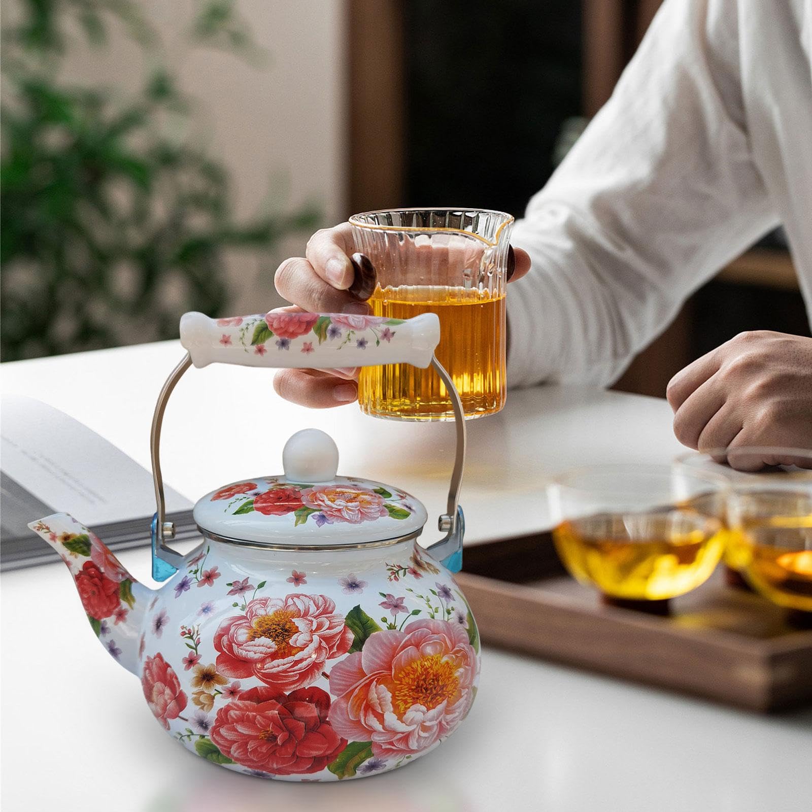Induktions-Wasserkocher 2,5 L Retro-Emaille-Teekanne, Flötenkessel mit emailliertem Griff, Automatisch pfeifender Teekessel Kaffeekanne für Induktion, Gasherd, Elektroherd, stil a