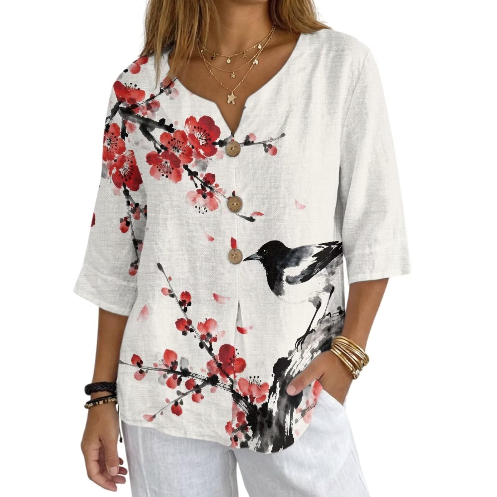 Women's V-Neck Tunic Top, Casual Polyester Linen Blouse with Decorative Buttons, Loose Fit Easy Care Everyday Wear