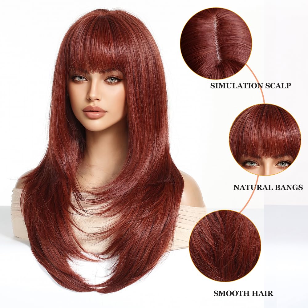 Esmee Long Straight Red Brown Wigs for Women with Fringe Natural Synthetic Hair Wig for Daily & Party Use - Image 3