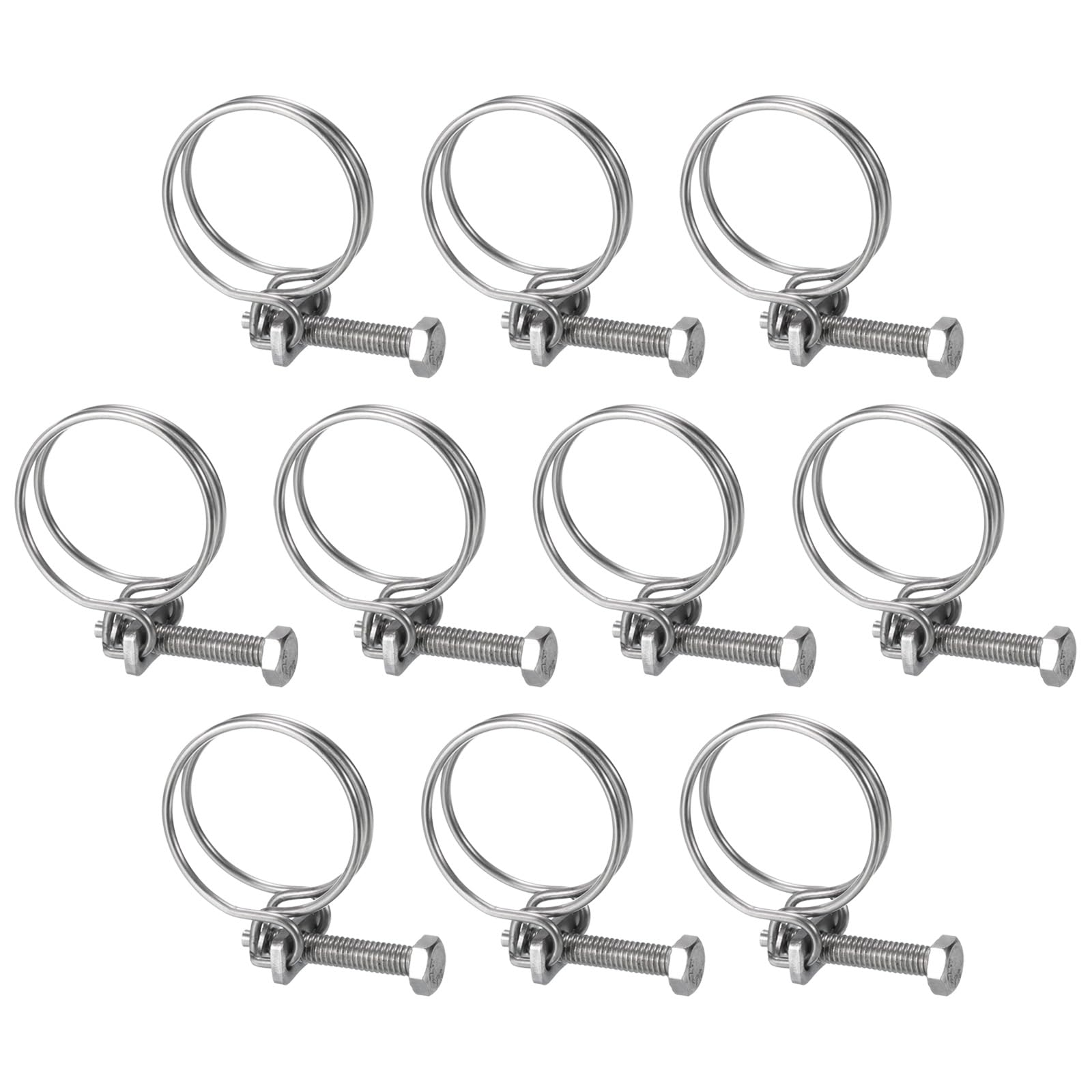 uxcell 10Pcs Double Wire Hose Clamp, 30-34mm Adjustable Stainless Steel Wire Hose Clips with M6 Bolt for Dust Collection Hose, Pump Hose Pipe