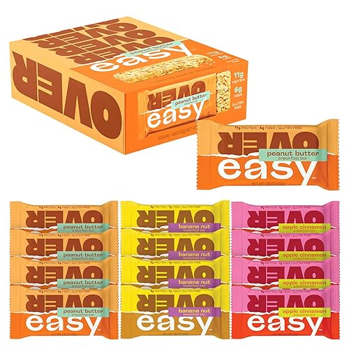 OVER EASY Paquete variado de 12 y 12 barras de desayuno de mantequilla de maní, todas las barras de proteínas naturales, ingredientes limpios,