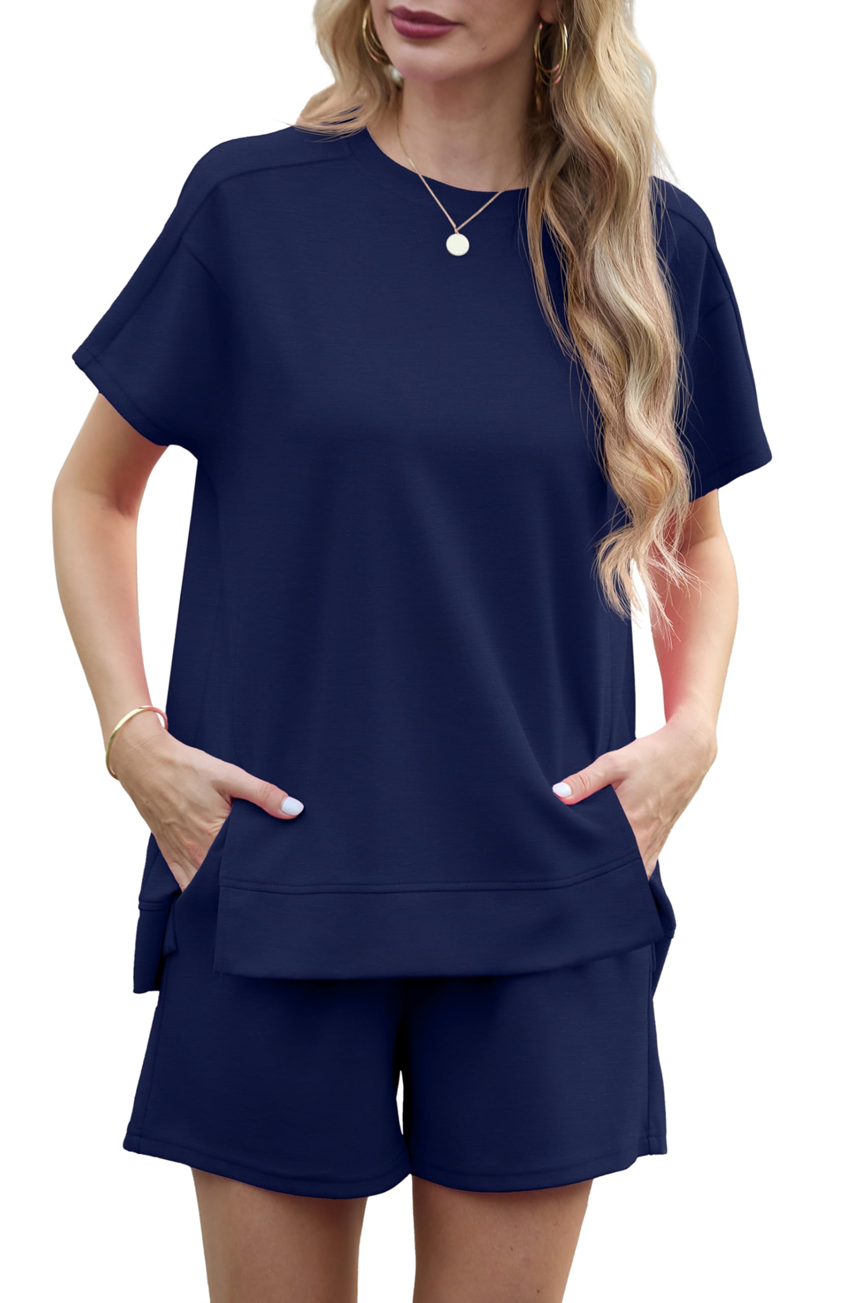 QIXING 2 Piece Short Sets for Women Summer Outfits Short Sleeve Tops Elastic Waist Shorts Lounge Set Vacation Travel Outfits