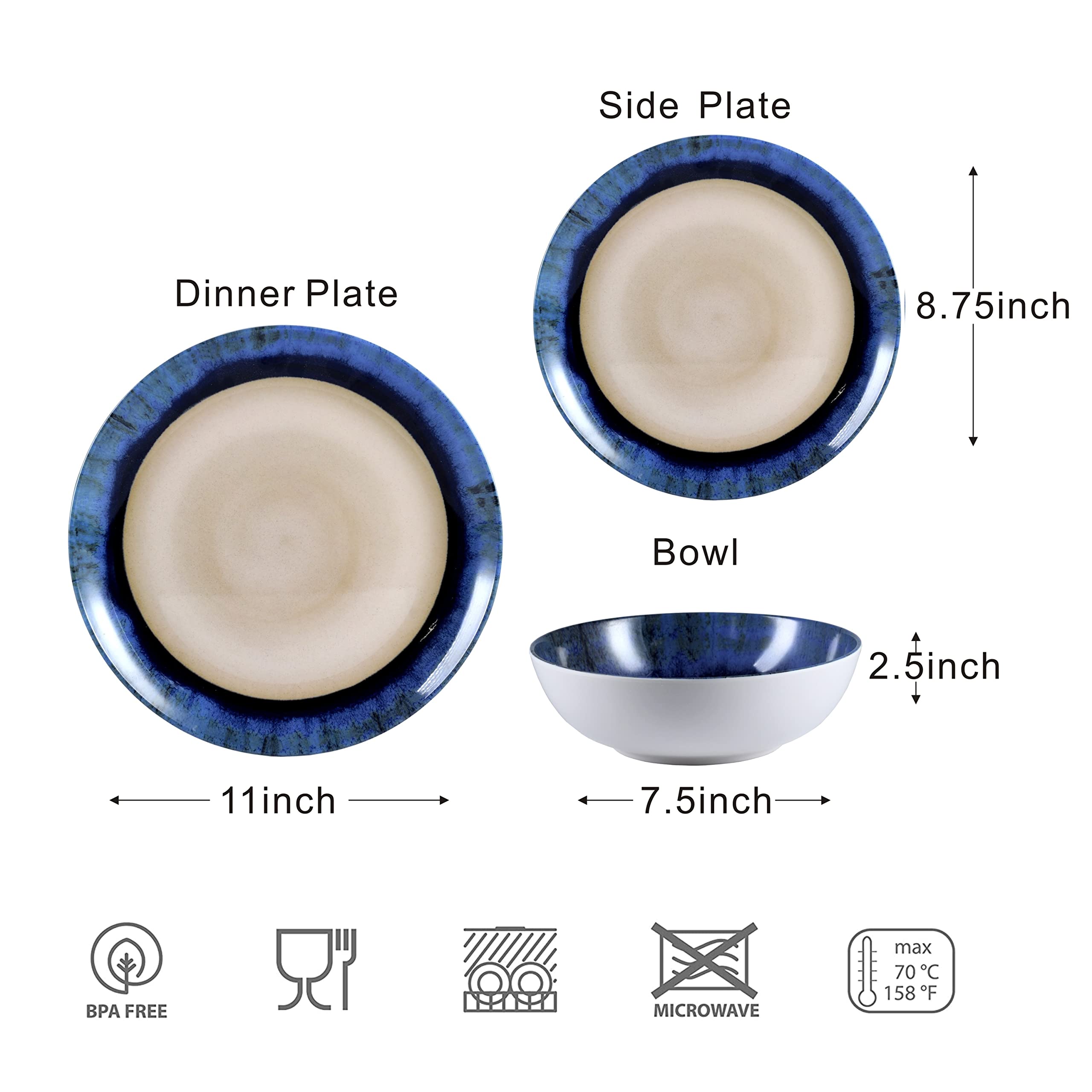 Melamine Dinnerware Set for 4,Dinnerware Sets of 12pcs, Kitchen Plates and Bowls Set, Lightweight for RV, Camping,Dishwasher Safe, BRA free,Gradient Color