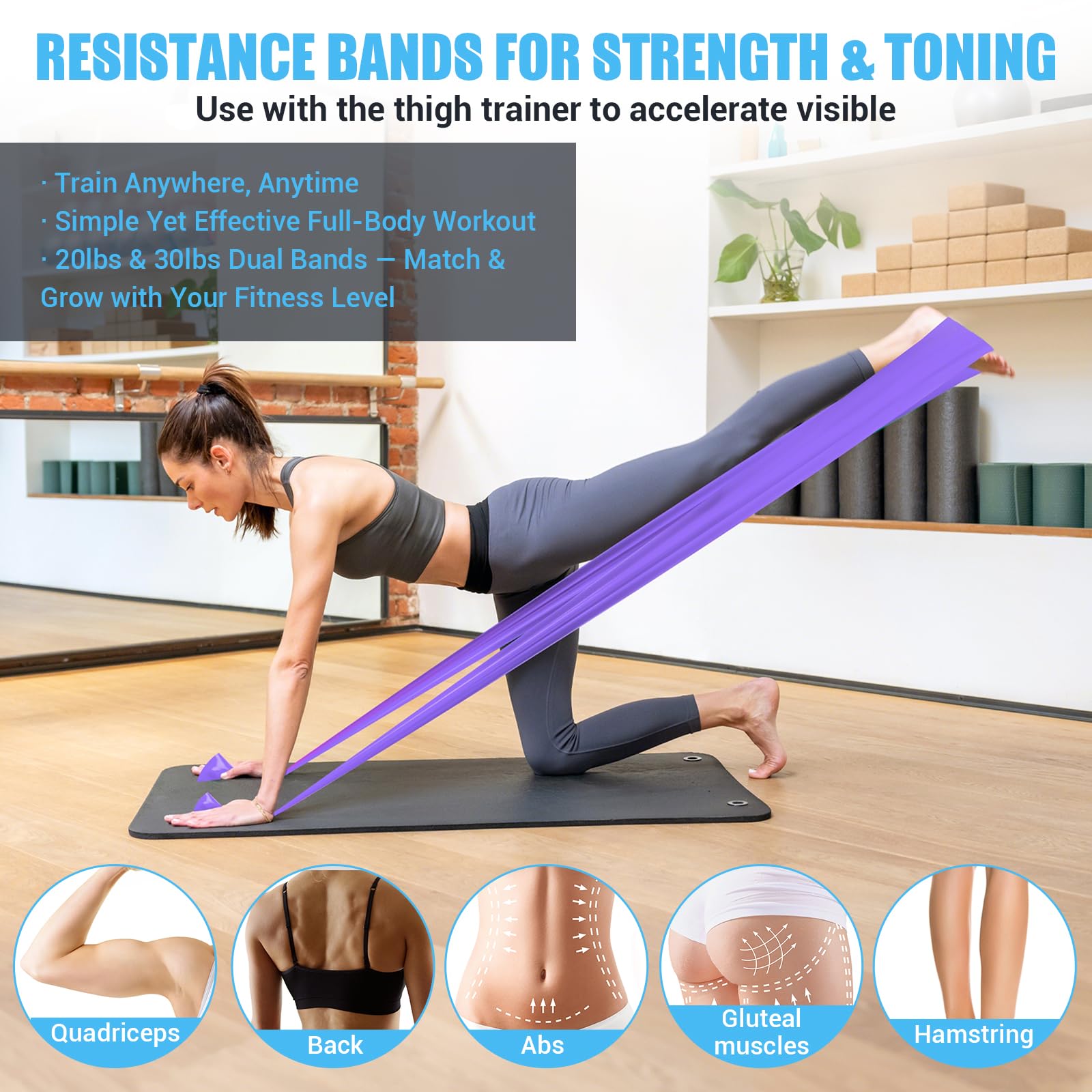 Taśmy oporowe do fizjoterapii kobiet, przedłużone taśmy do ćwiczeń, do jogi, pilatesu, rehabilitacji, fitnessu i treningu siłowego, elastyczne taśmy treningowe z plakatem treningowym (fioletowe)