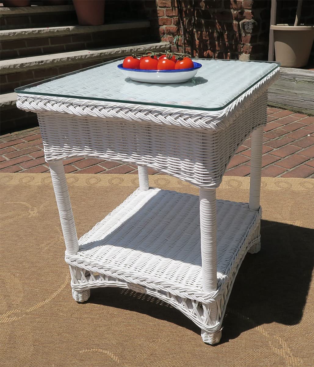 Wicker End Table w/Glass Top, Natural Wicker, Vineyard Style White