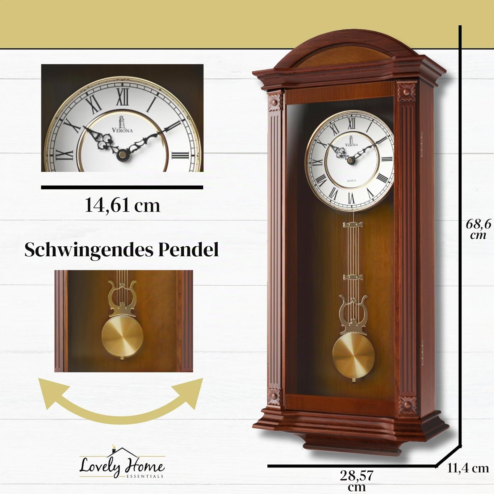 Verona Edel Holz Pendel Wanduhr mit Glas Front – Schöne und dekorative Uhr mit mittelgroß braun Finish und Glas vorne – 69,2 x 28,6 x 12,1 cm – Quarzuhrwerk, batteriebetrieben & leise